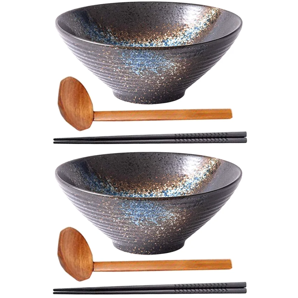 Genérico Juego de 2 tazones para Fideos, Cuencos japoneses de cerámica para Servir con Cuchara y Palillos a Juego, tazones para Ramen de 7, 8 y 9 Pulgadas para Sopa, Fideos, pho, Udon y Cereales.
