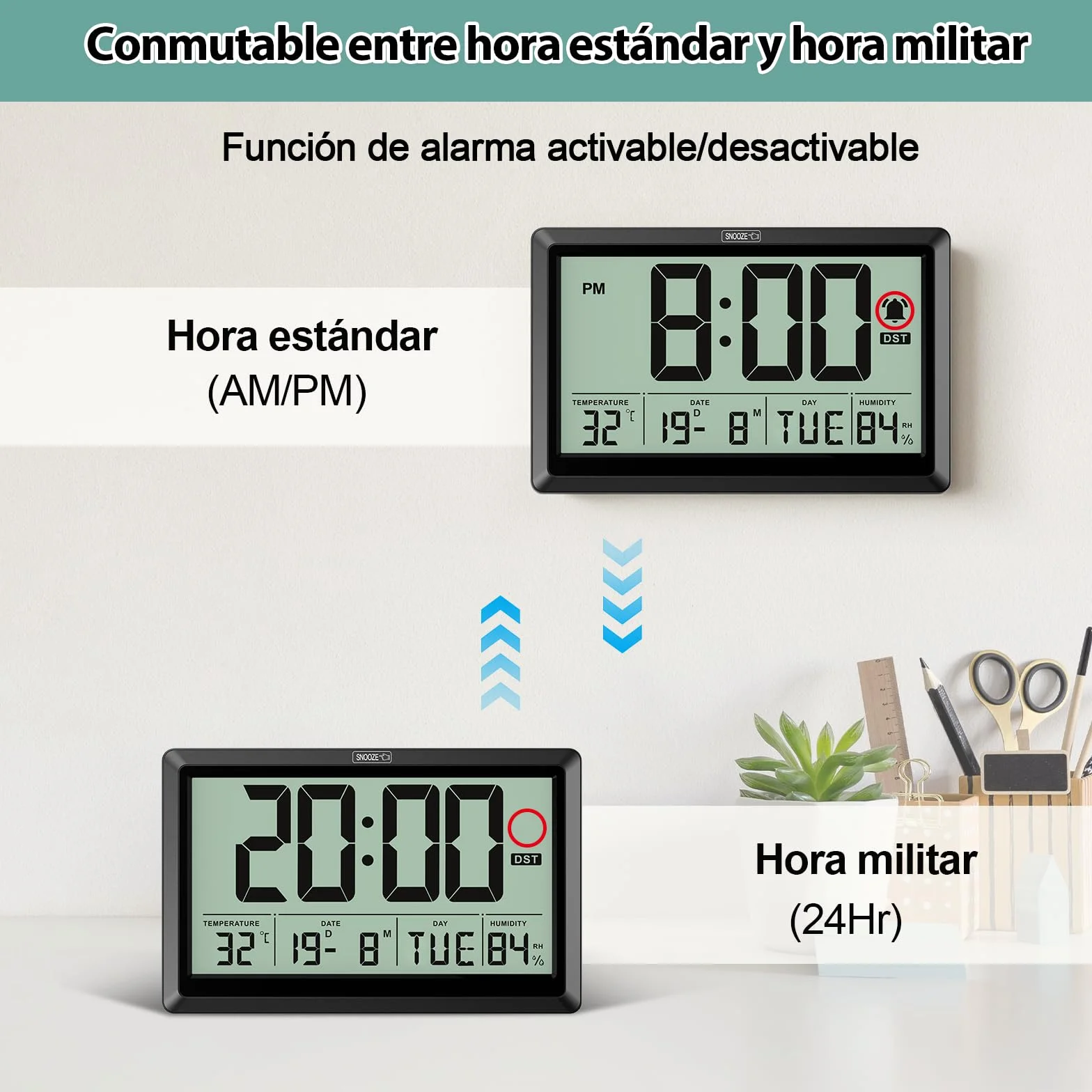 XREXS Reloj Digital de Pared y Mesa de 19,4 x 10,4 cm, Pantalla LCD HD, Reloj Despertador, repetición, DST, Temperatura/Humedad, ℃/℉ y conmutable 12/24 Horas, Funciona con Pilas para hogar y Oficina