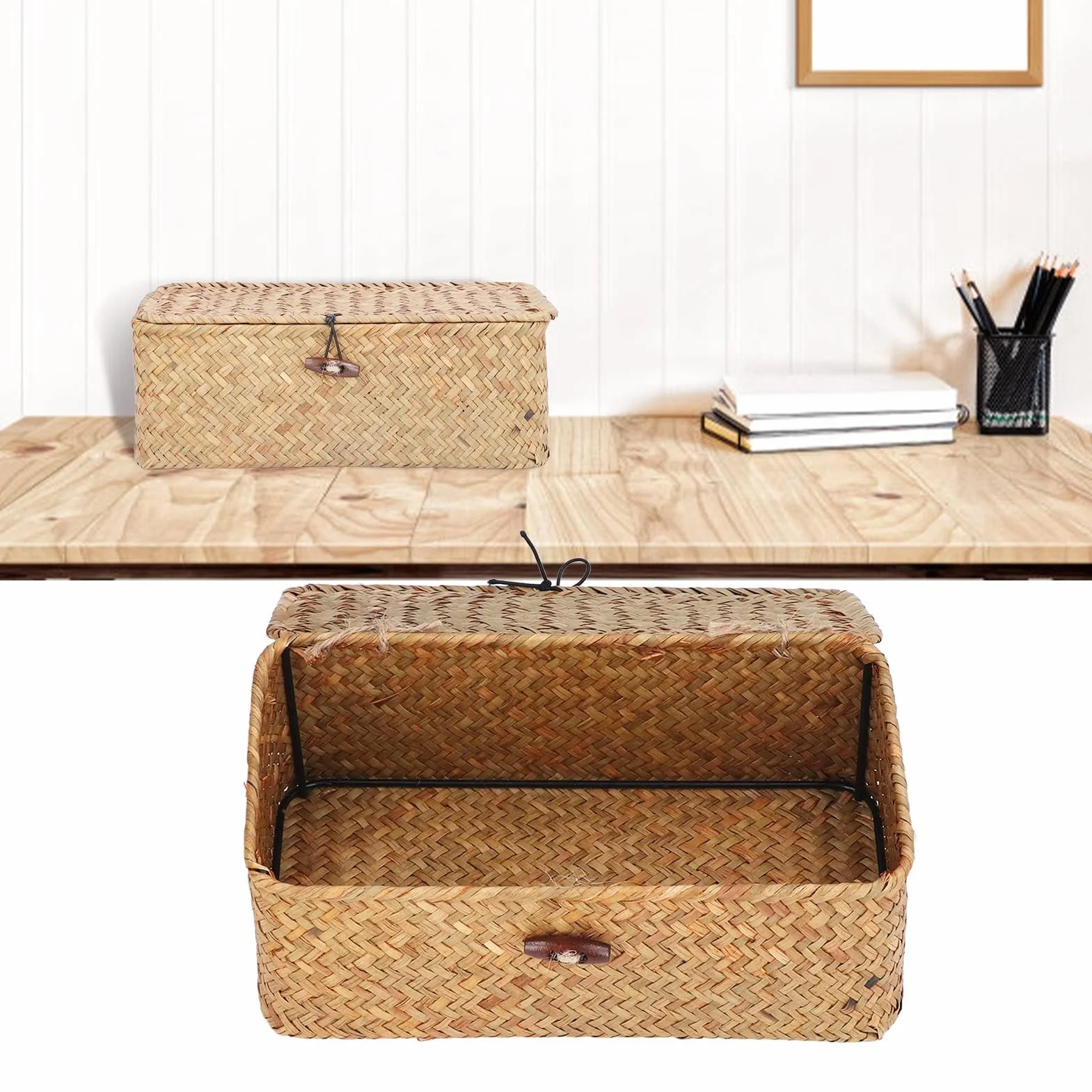 Cesta de Mimbre Grande con Tapa para Almacenamiento de Algas Marinas, Decorativa Natural