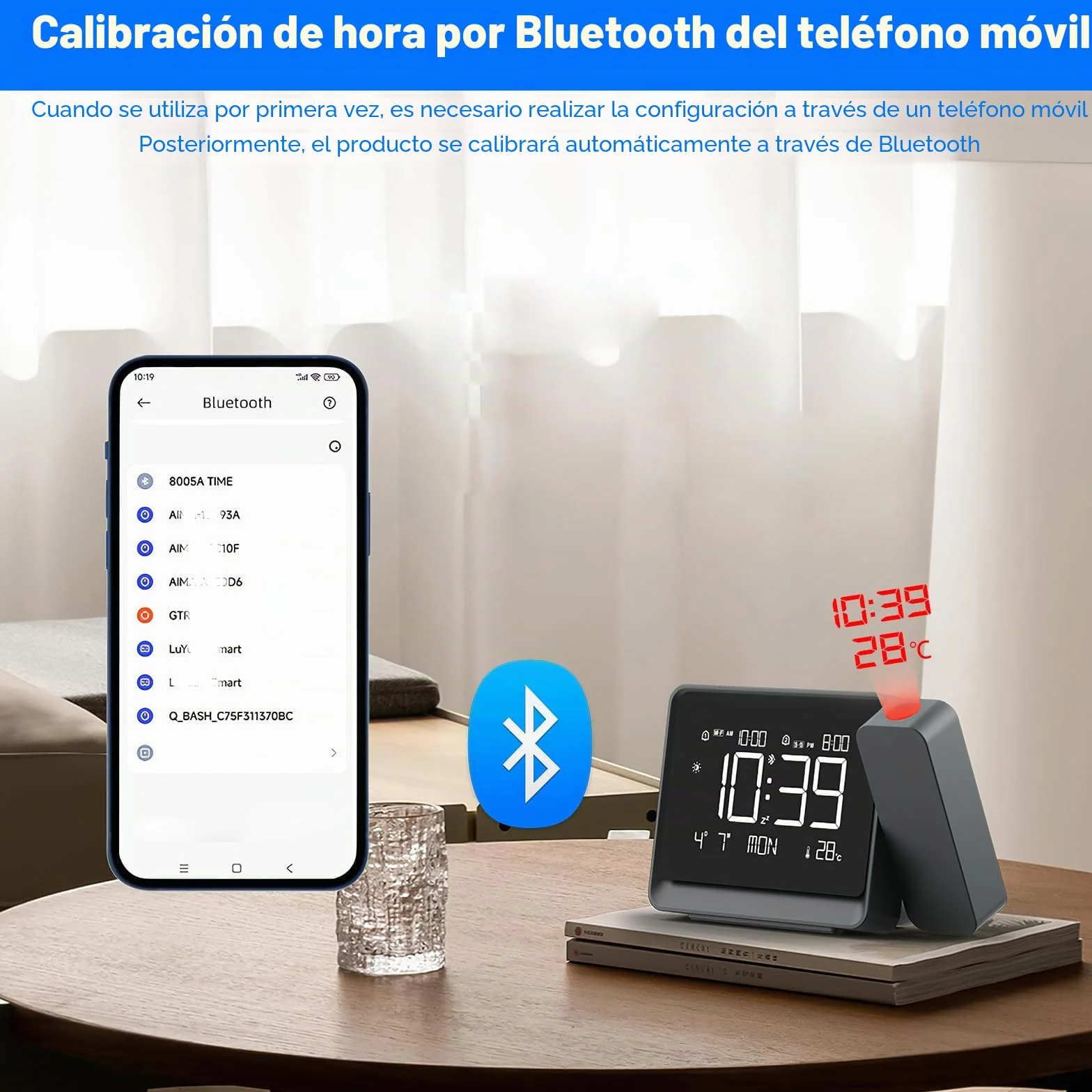 Despertador Proyector Techo,Relojes de Proyección Digital con Temperatura,Modo día laborable/Fin de Semana,Fecha,Bluetooth,Snooze,Luz Nocturna,12/24 Horas,4 Niveles de Brillo Ajustable para Dormitorio
