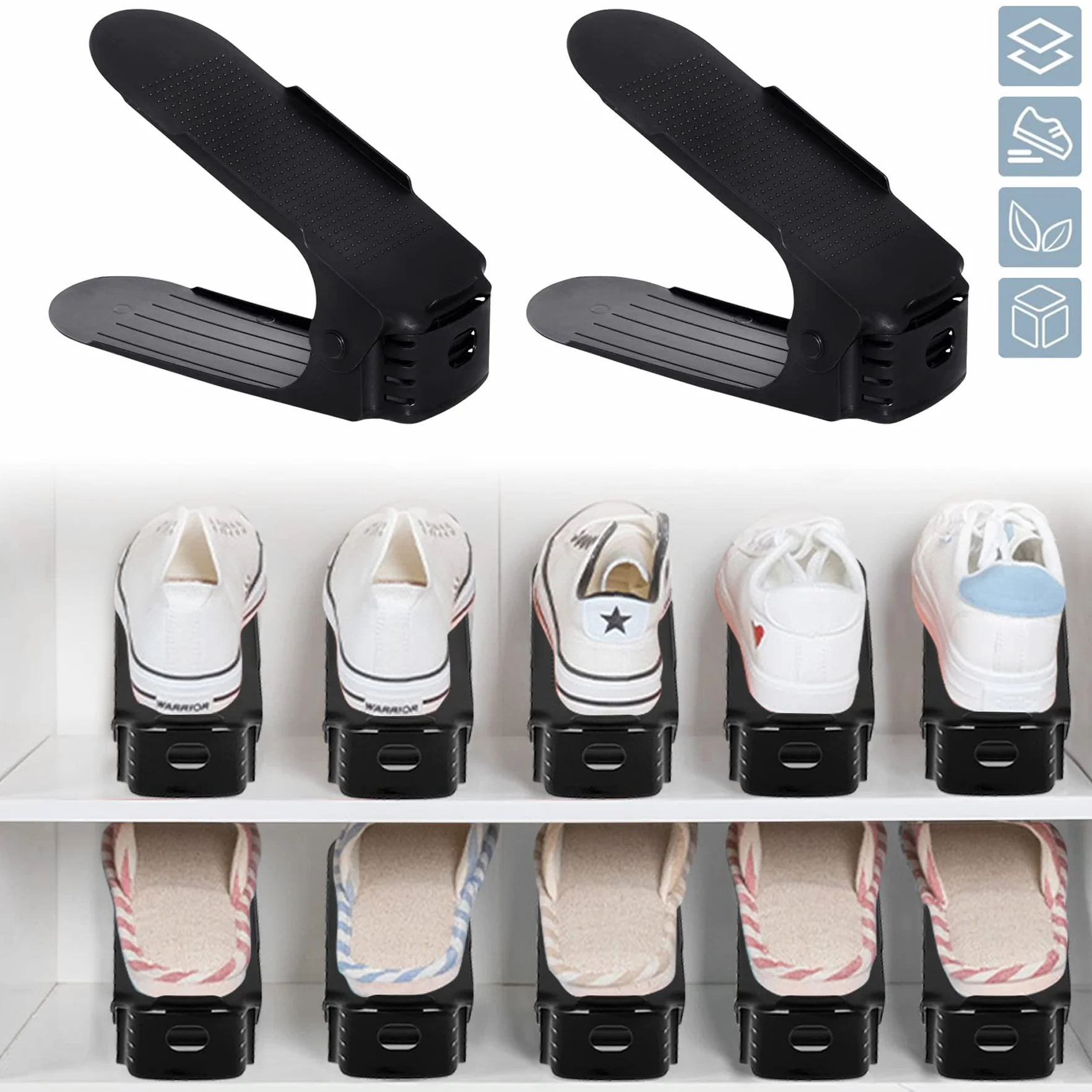 Froadp 60 organizadores de zapatos ajustables de material PP, antideslizantes, con 3 alturas ajustables, organizador de zapatos de doble capa, ahorro de espacio, almacenamiento de zapatos (negro)