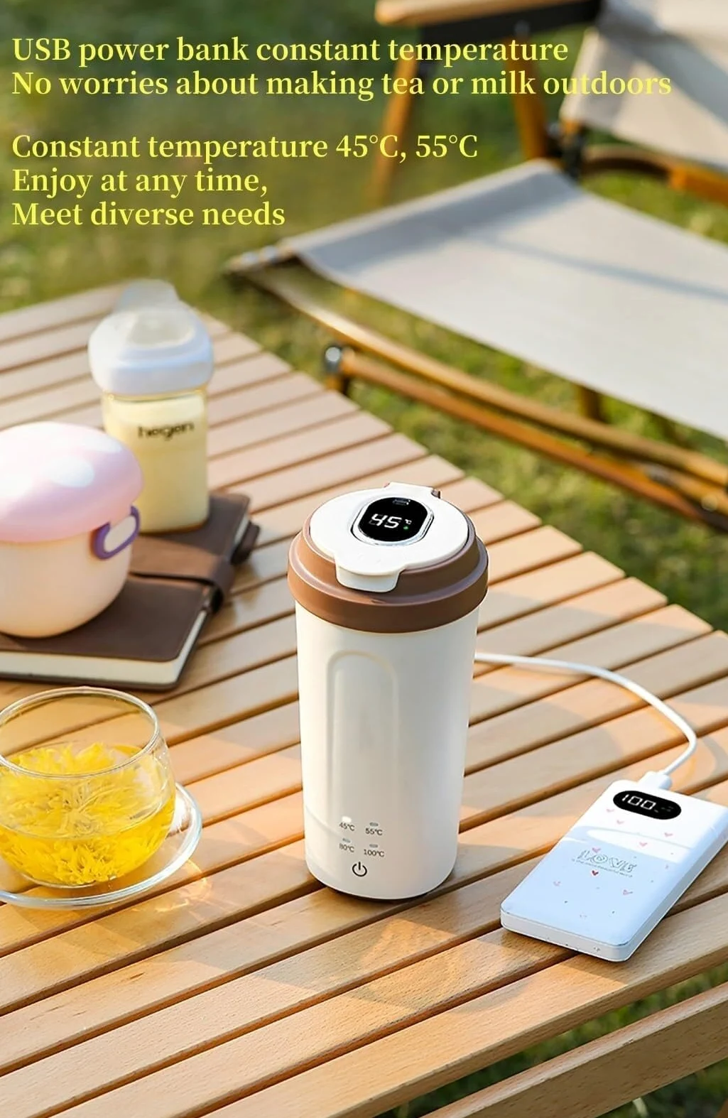 Hervidor eléctrico de viaje mini, hervidor de agua recargable de 500 ml, alimentado por USB con 4 controles de temperatura, termo para leche artificial, té y café