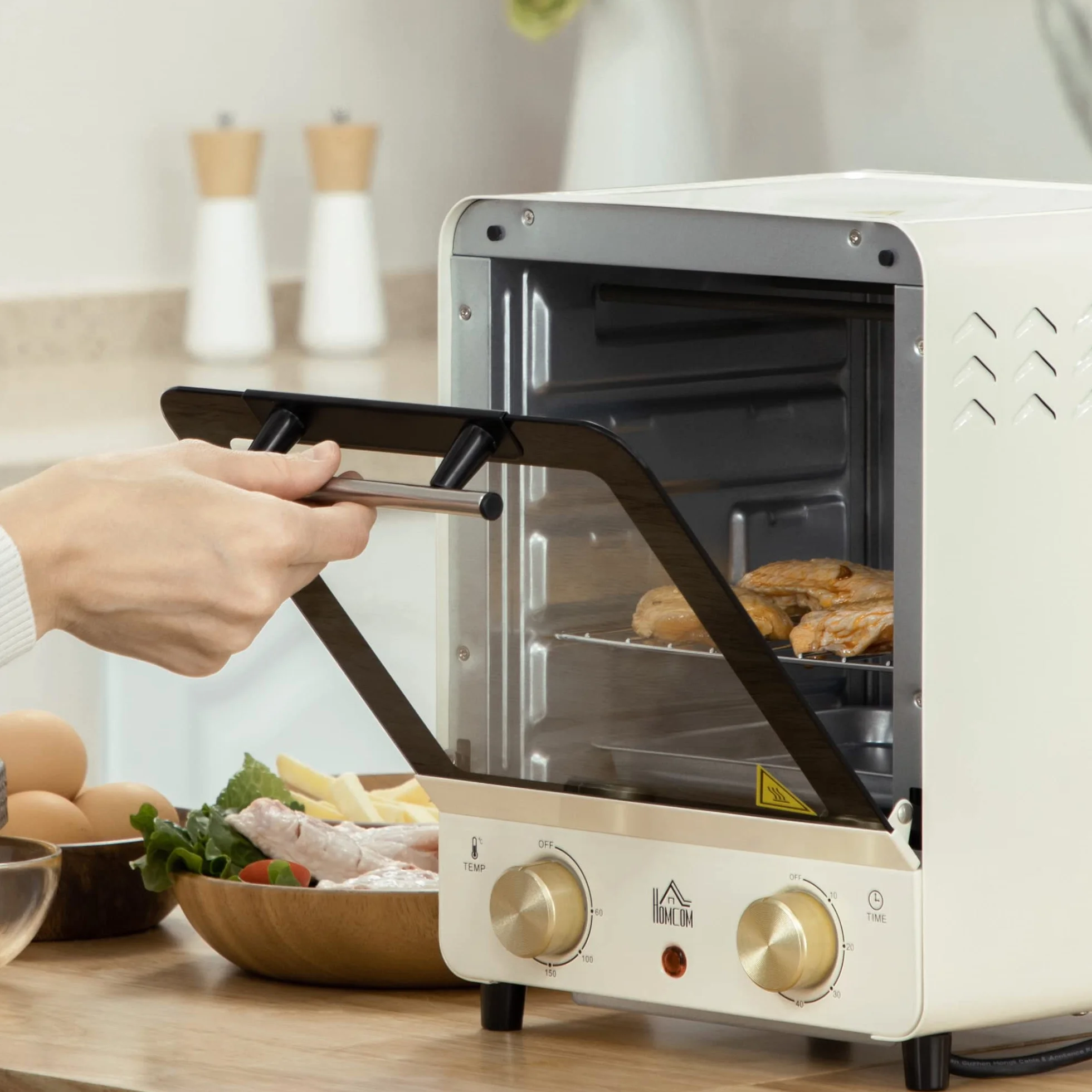HOMCOM Horno Eléctrico Sobremesa 15 Litros 1000W Horno Portátil Mini Horno con Temperatura hasta 230 ℃ Temporizador Bandeja y Rejilla 25,5x27,5x32 cm Crema