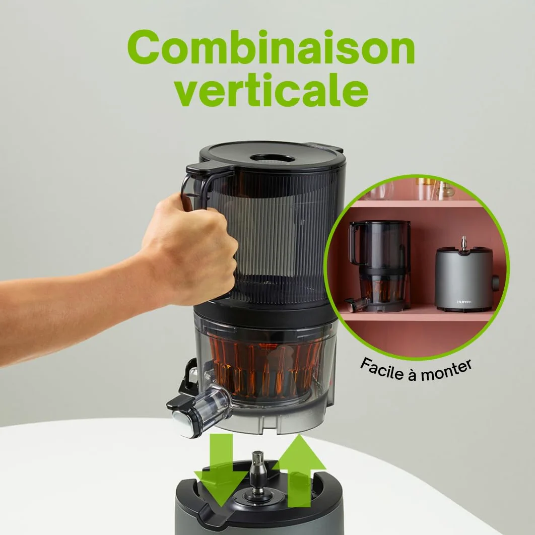 HUROM | Exprimidor de verduras y frutas | Slow Juicer | H201 | Prensado en frío | Motor silencioso | Fácil de limpiar | Esfera inteligente | Mega embudo 2L | Libre de BPA (titanio)