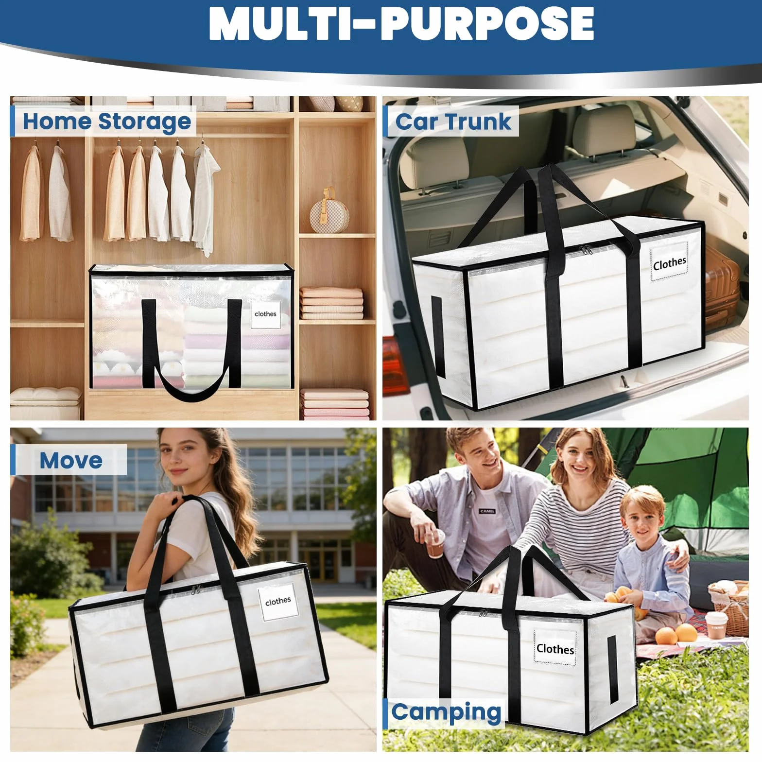 6 bolsas de almacenamiento grandes transparentes de 90 L, con cremallera y asas, para almacenamiento y transporte de ropa, ropa de cama, mudanzas