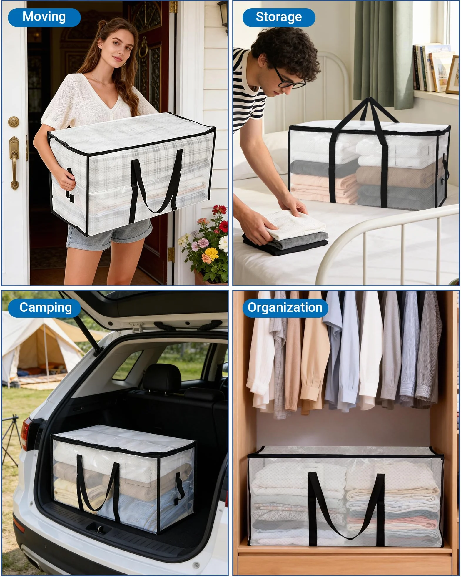 2 Piezas 95L Bolsas de Almacenamiento Grandes con Tapa - Bolsas de Mudanza Transparentes, Organizador de Ropa y Mantas, Impermeable y Plegable para Ropa de Cama, Mudanzas, Hogar y Juguetes