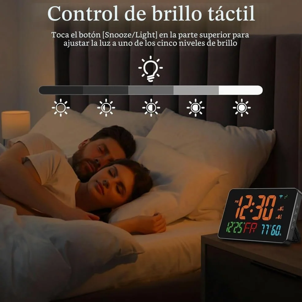 Reloj Despertador Digital con WiFi, Letras Extra Grandes, Temperatura y Humedad, Calendario, Semana, B