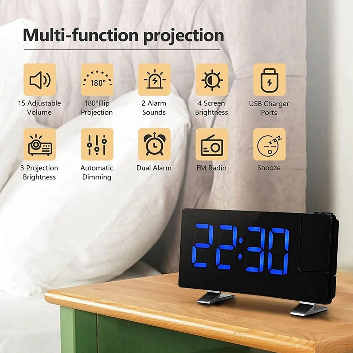 Despertador, Pequeños Relojes de Noche con Puerto USB for Cargar, Temperatura(White)
