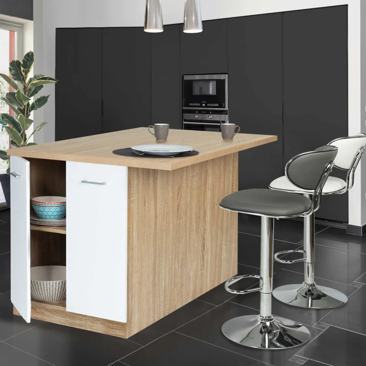 IDMarket - Ilot Central IVO 120 cm madera forma haya puertas blancas con encimera