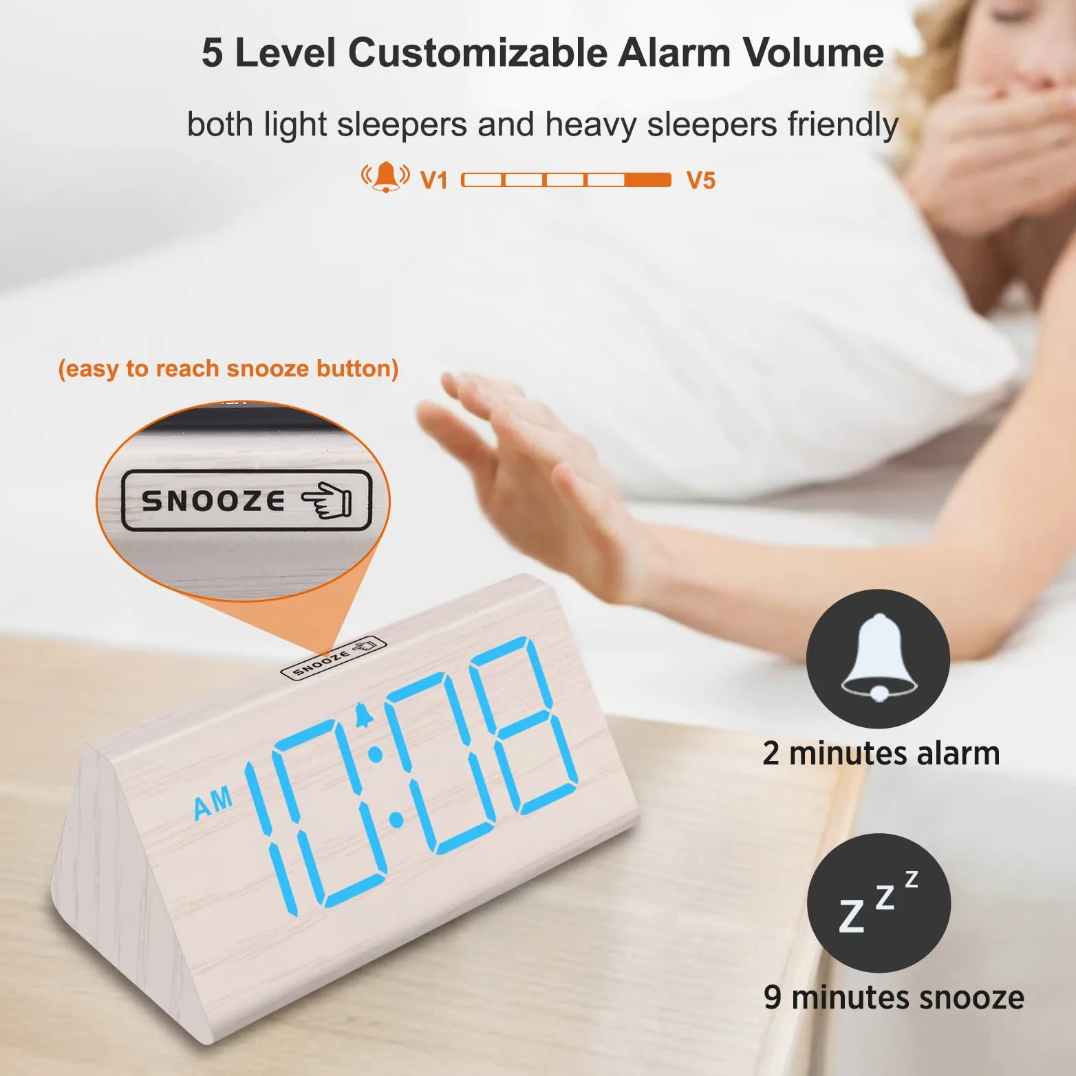 DreamSky Despertador digital de madera para dormitorios, reloj eléctrico de escritorio con números grandes, puerto USB, alarma de respaldo de batería, volumen ajustable, atenuador, repetición, DST,