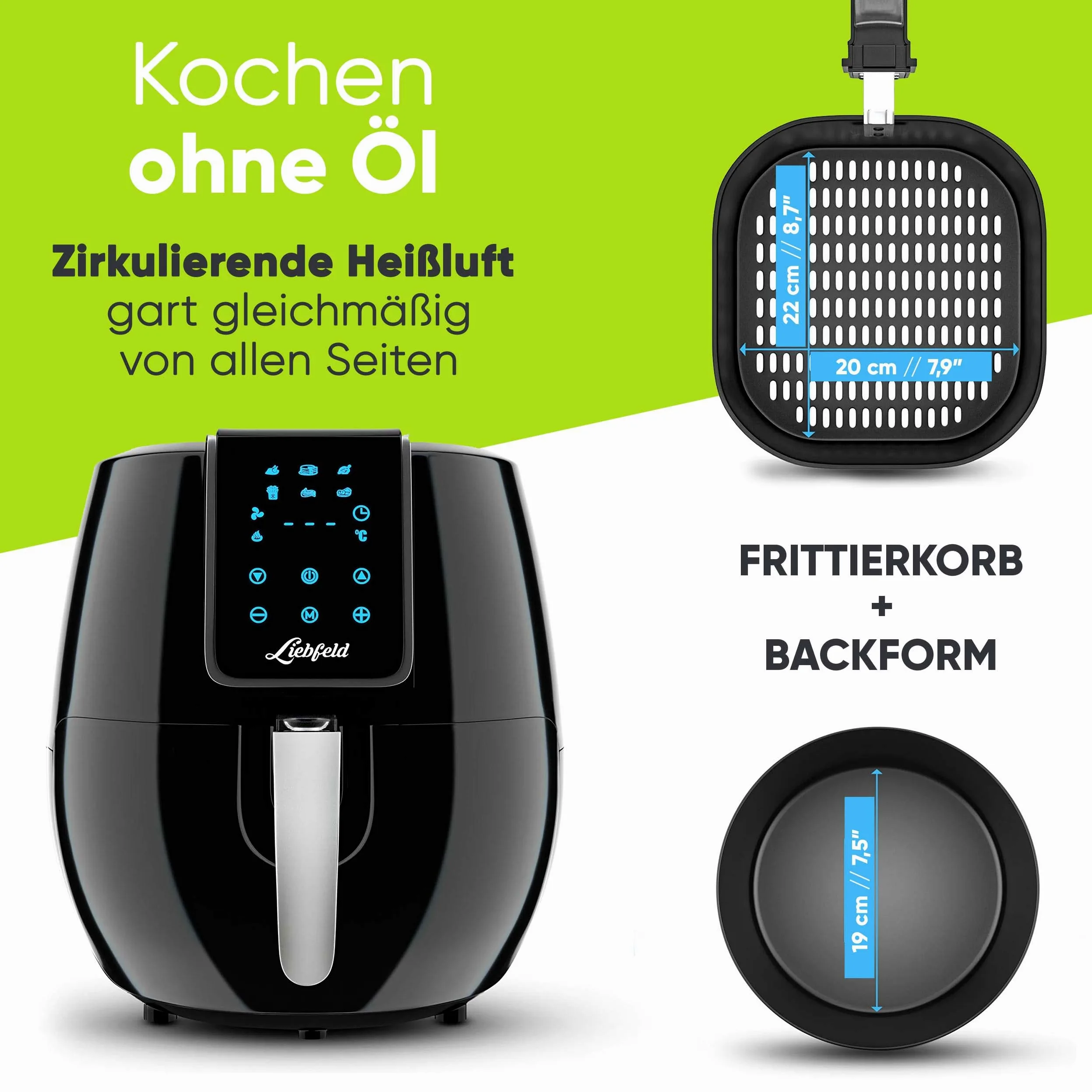 Liebfeld - Kit freidora de aire caliente [1800 W] con cesta para pan I Airfryer XXL sin grasa ni aceite I Freidora de aire caliente (XXL)