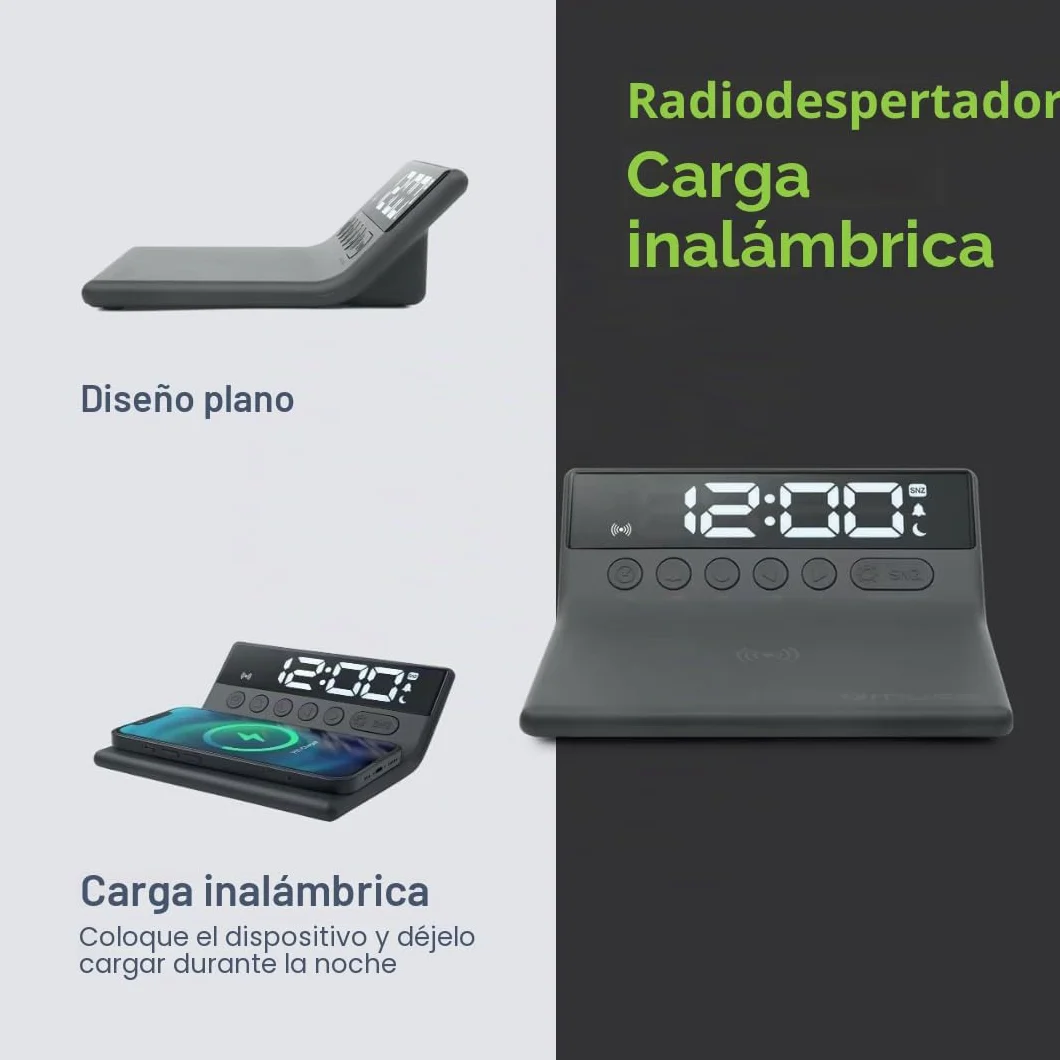 Muse M-168WI / Reloj + Cargador DE INDUCCIÓN. Reloj Digital con Display Grande. Alarma, Carga por inducción, Funcion Siesta, dimer y Snooze. Color Negro