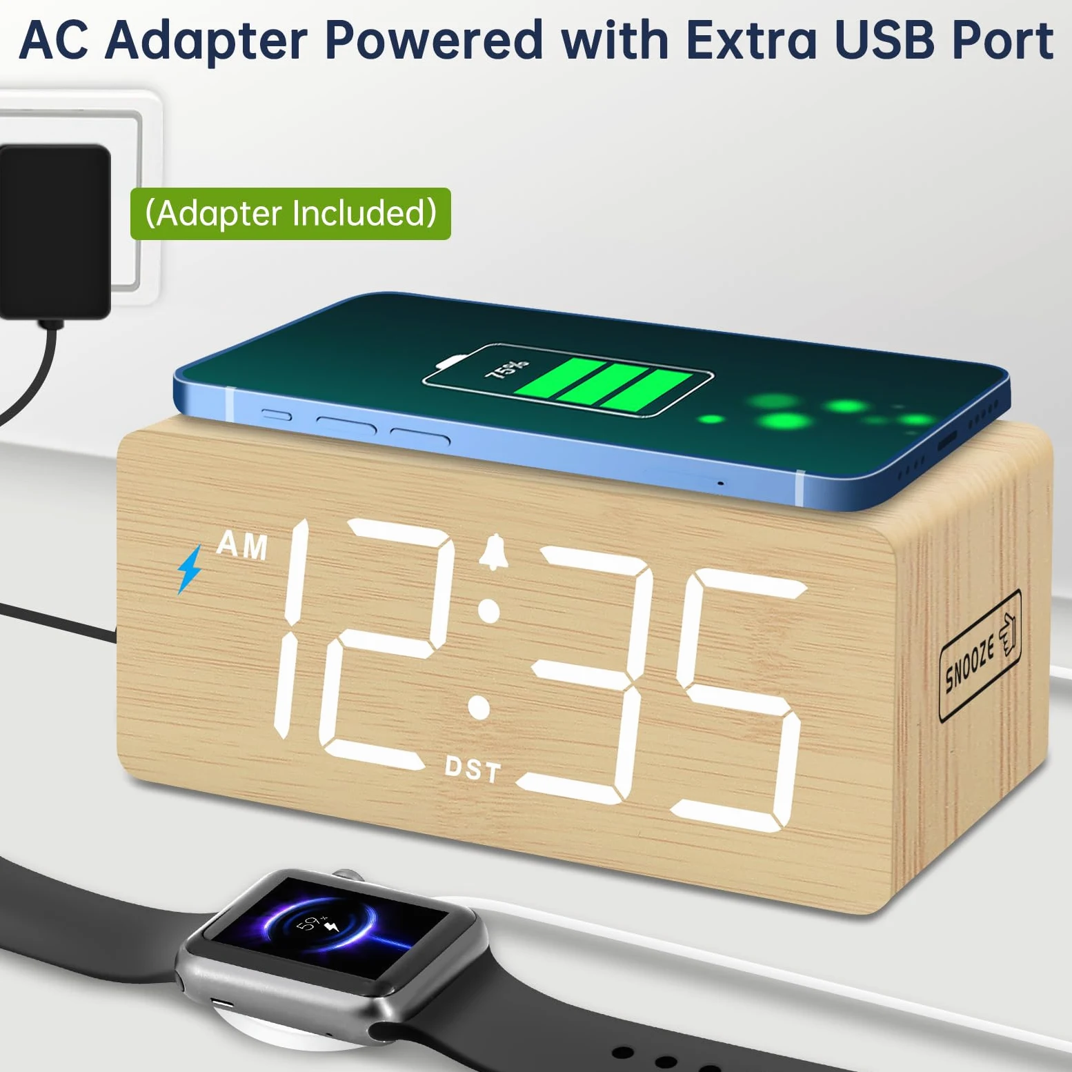 DreamSky Reloj despertador digital de madera con carga inalámbrica para dormitorio | Reloj de mesita de noche con estación de carga, puerto USB, números grandes, volumen ajustable, regulador de brillo, DST
