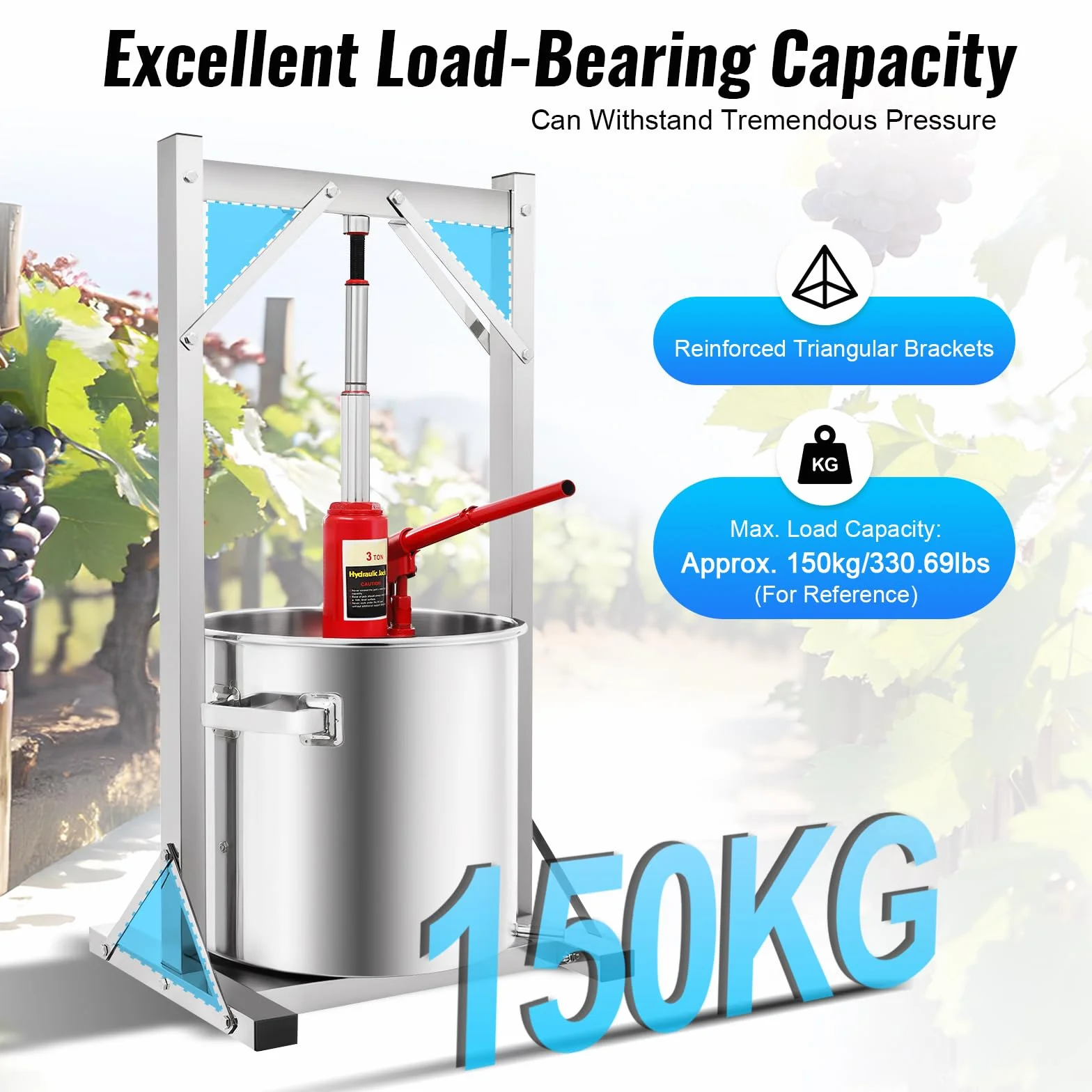 Prensa de frutas de 22 L, acero inoxidable 304 de calidad alimentaria, prensa de 150 kg de potencia de prensado, exprimidor manual de doble barriles de acero inoxidable con filtro de vino, apto para