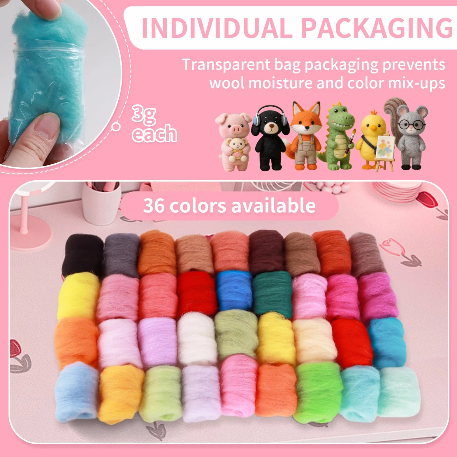 Luxoraiova 36 Colores de Lana de Fieltro, 108 g Lana de Fieltro para Fieltrar en Seco, 3 Gramos/Paquete, Manualidades de Lana para Principiantes, paraTejer, Fieltro Seco y Húmedo, Creaciones DIY