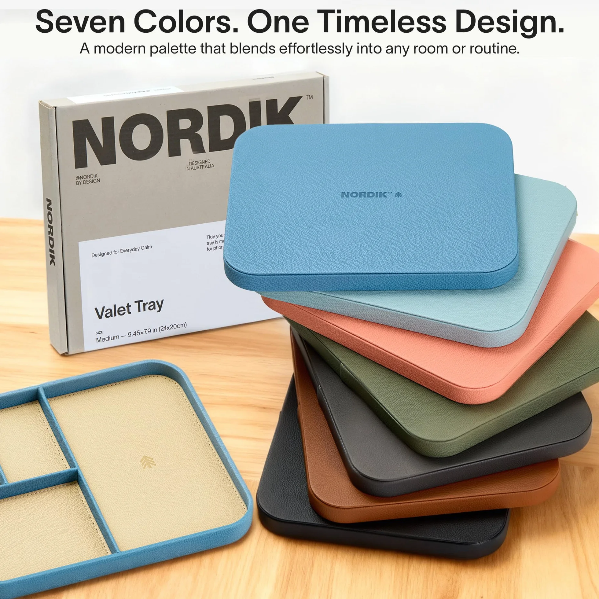 Nordik - Bandeja de cuero para valet - Azul Nordik - Bandeja mediana de cuero vegano de 9.5 x 7.9 pulgadas - Elegante organizador de mesita de noche para hombres - Moderno organizador de mesita de