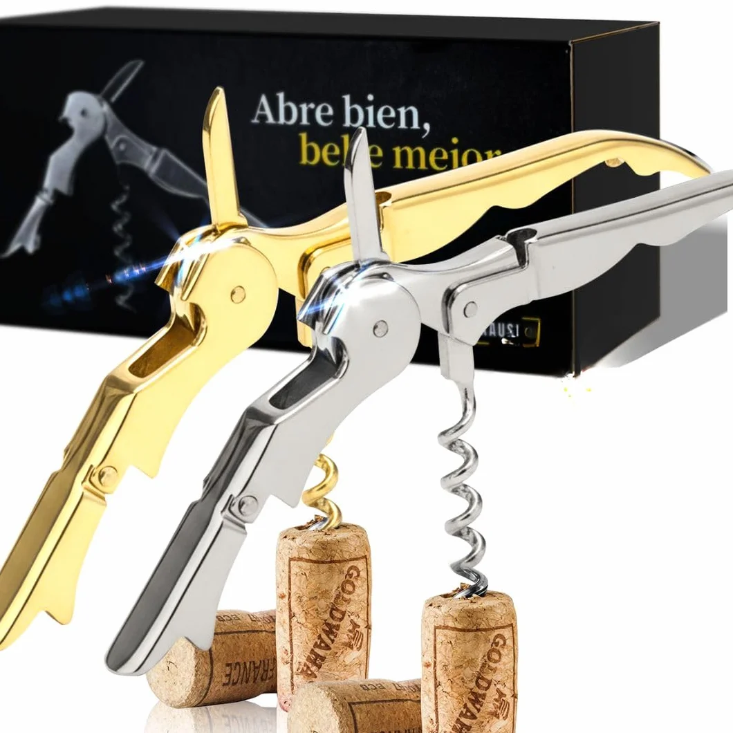 Abridor de Vino (Pack de 2) | Sacacorchos de Camarero Profesional | Incluye Cortacápsulas | Modelo Plateado + Dorado | Hechos de Acero Inoxidable | Caja Elegante