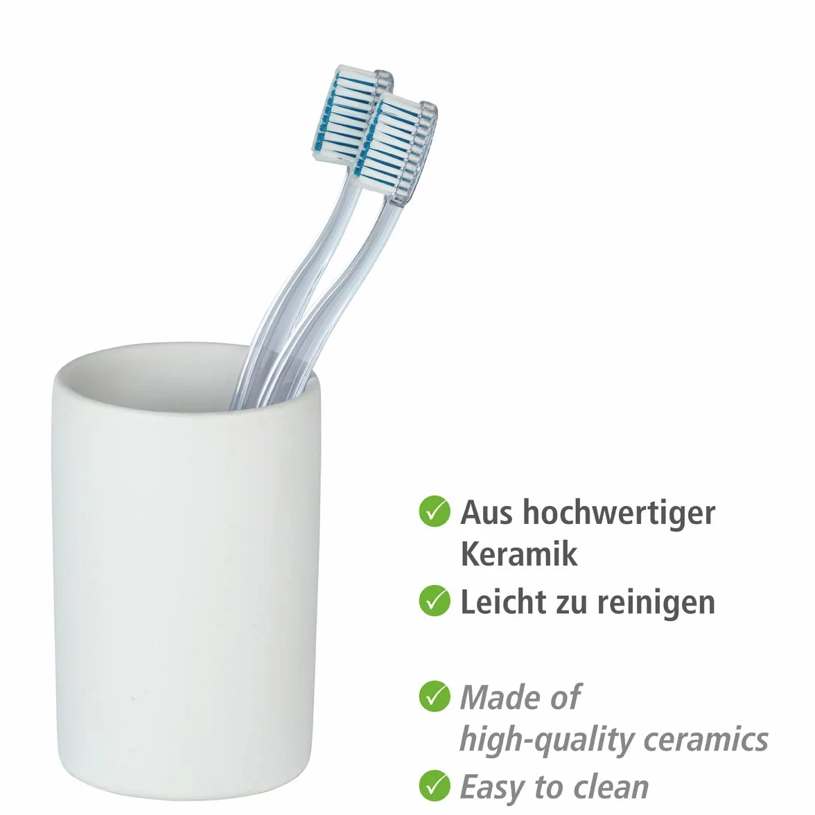 WENKO Vaso higiene dental Polaris blanco mate cerámica - Soporte para cepillos de dientes, para cepillos y pasta de dientes, Cerámica, 7 x 11 x 7 cm, Blanco