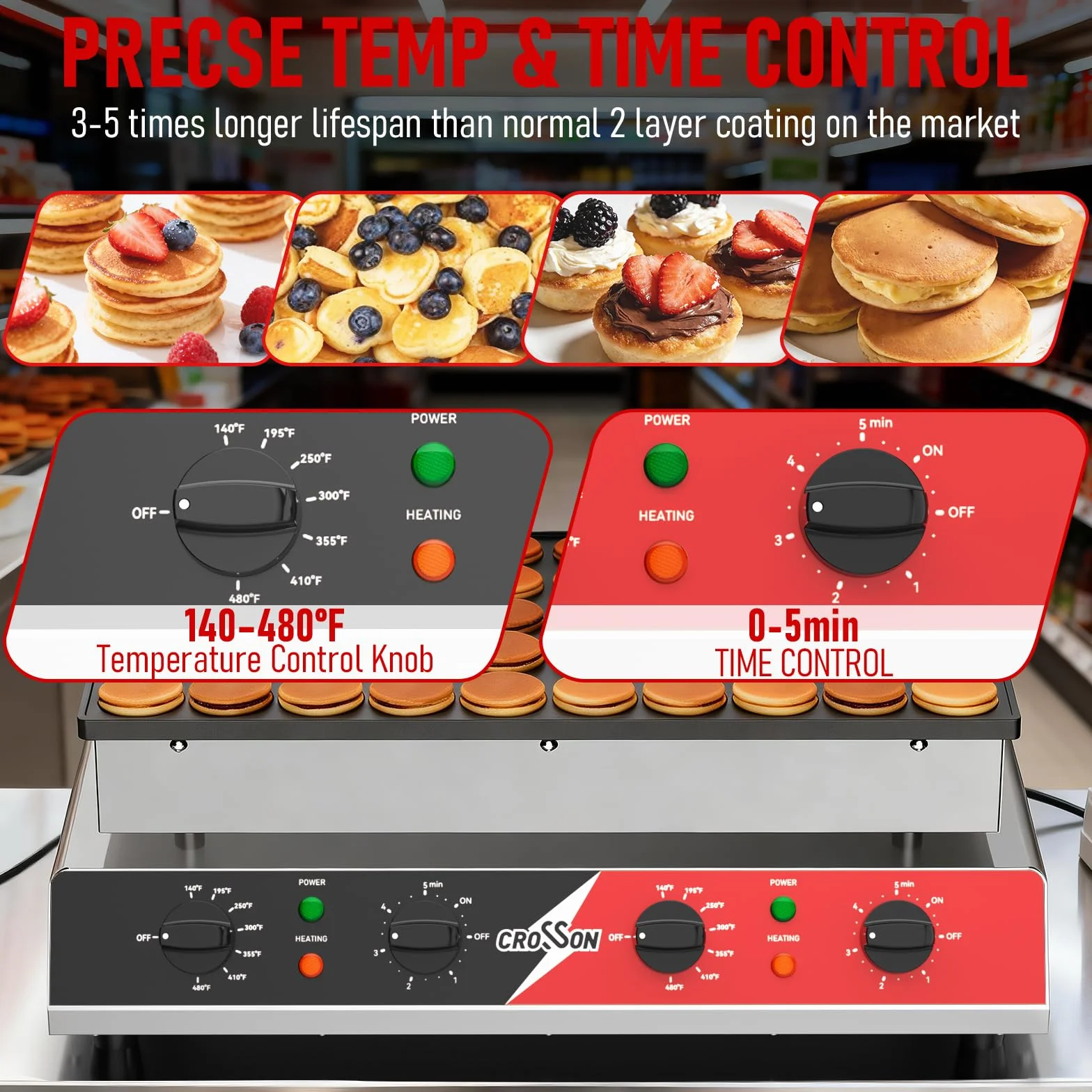 CROSSON Maquina para 50 Mini Pancakes 43 mm Diámetro,Mini Máquina para Hacer Panqueques Holandesa con Revestimiento Antiadherente,Temporizador y Temperatura para Tortitas,Dorayaki y Poffertjes