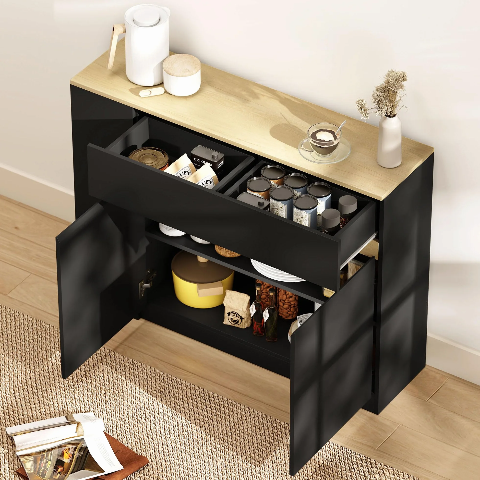 HOMCOM Aparador de Cocina, Armario de Cocina Estrech con 2 Cajones, 3 Estantes Abiertos, 2 Puertas, Estante Ajustable, Aparador Nórdico para Comedor, 110x29,5x82 cm, Negro