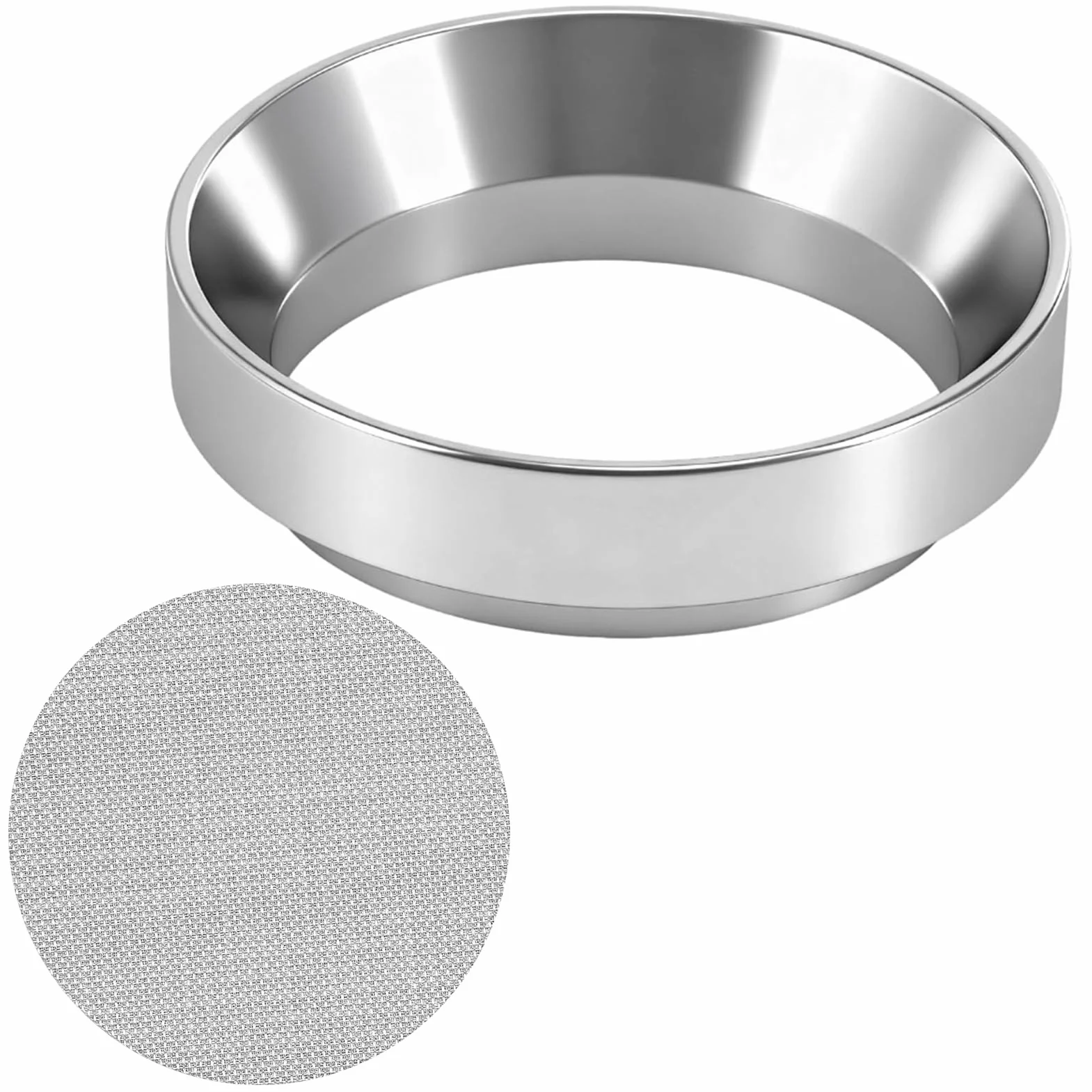 Anillo dosificador de café de 58 mm, Pantalla Puck y Embudo Espresso,Accesorios Barista de Acero Inoxidable, Compatible con Portafiltros, Llenado Preciso y Sin Derrames