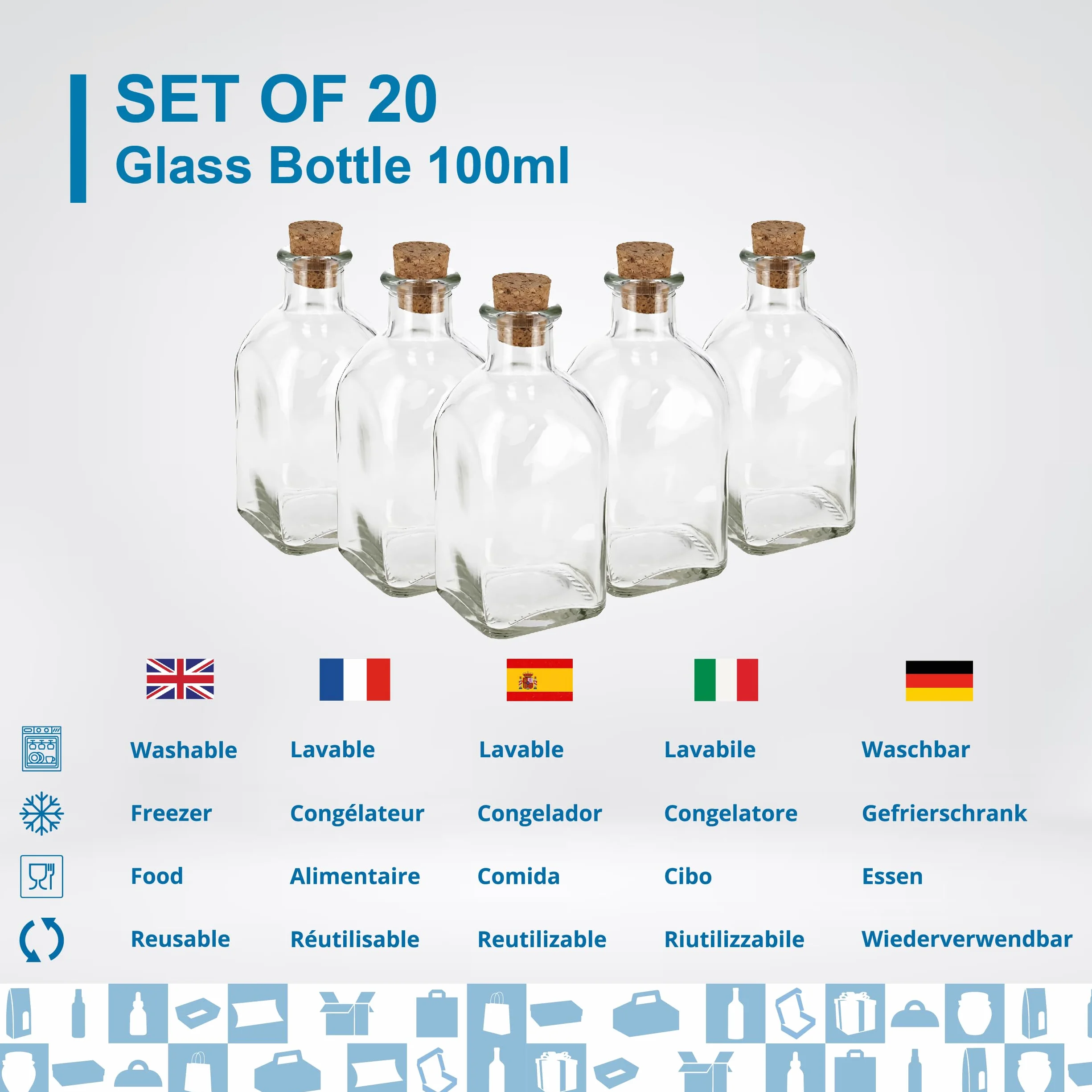 Espirito Rebelde 20 Botellas de Vidrio 100 ml con Tapón de Corcho – Botellas Cuadradas para Licor, Whisky, Ron y Vino