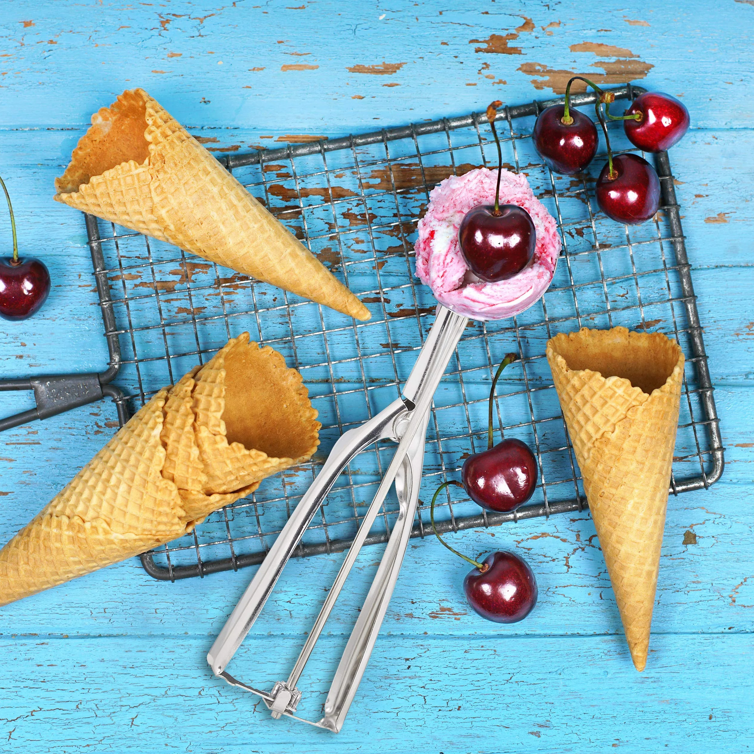 Relaxdays Cuchara Helado con Disparador para Bolas de Helado, Fruta y Masa de Galletas, Acero inoxidable, Plateado, ∅ 39 mm