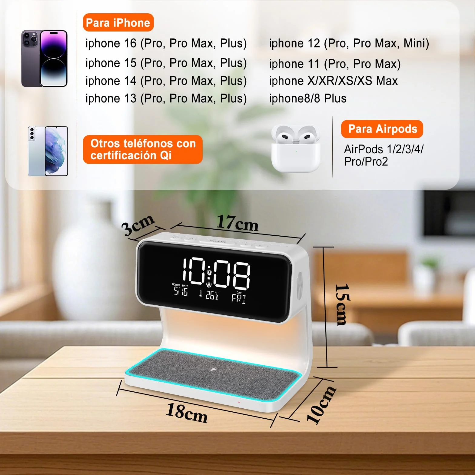 Despertador Digital, Reloj Despertador con Cargador Inalámbrico 15W, LED Pantalla Temperatura/Fecha/2 Alarmas/Snooze Ajustable/12/24H, Despertador Luz con Control Táctil para Infantil Adultos