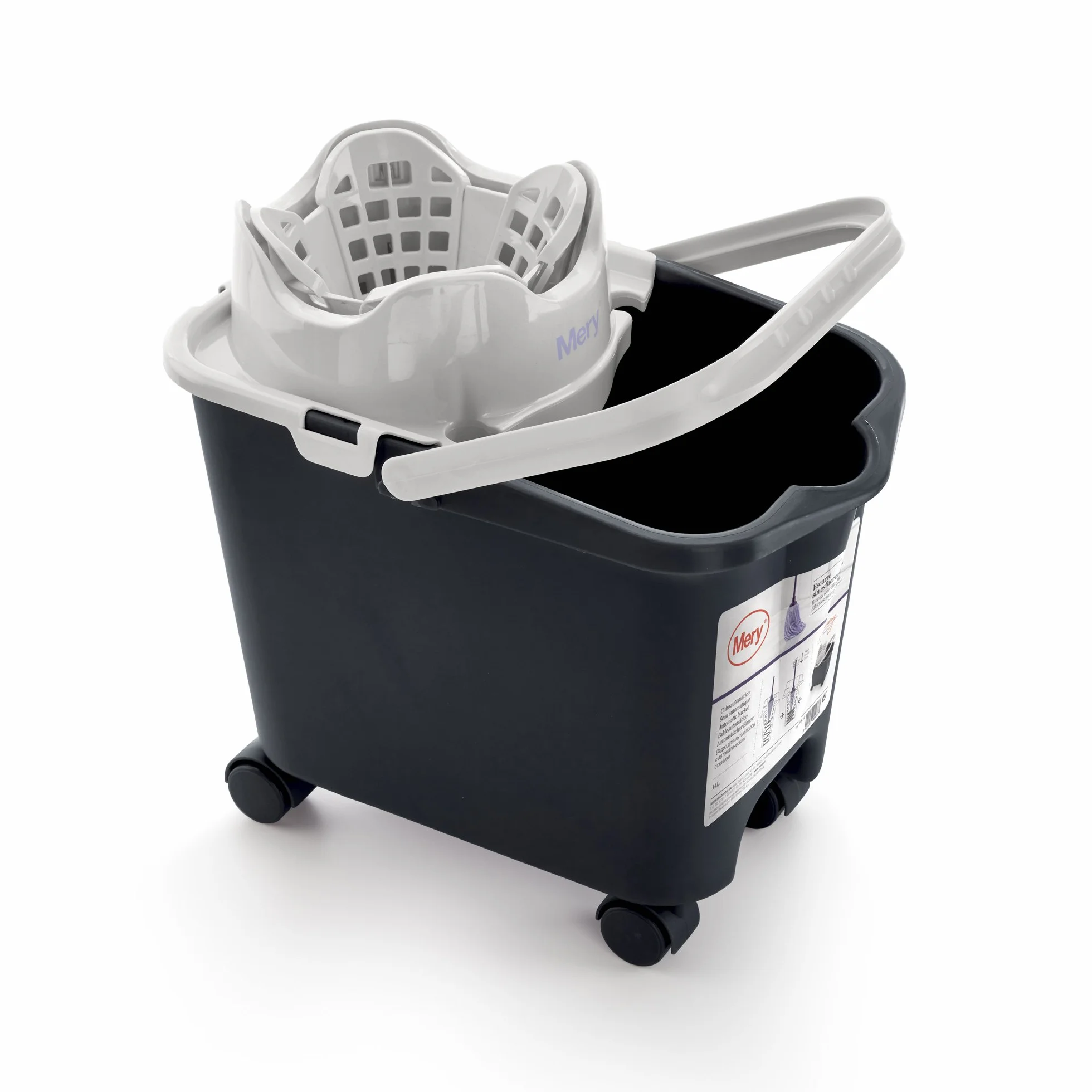 Mery | Cubo con Escurridor Automático | Cubo Fregona con Ruedas | Capacidad: 14L | Polipropileno | Acero | Gris Claro y Gris Oscuro