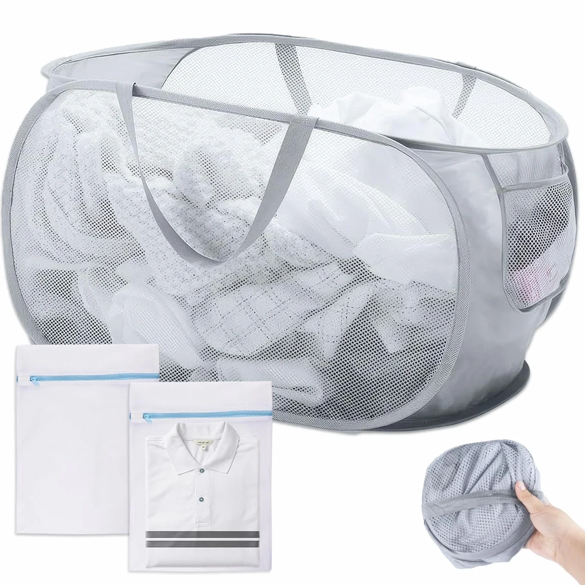 Cesto Plegable de Malla Plegable Pop-Up, 36 X 36 X 58 cm Cesta de Almacenamiento Grande con Bolsillo Lateral, Pop-Up Malla Laundry Basket con Asas, para Baño, Camping, Dormitorio Universitario