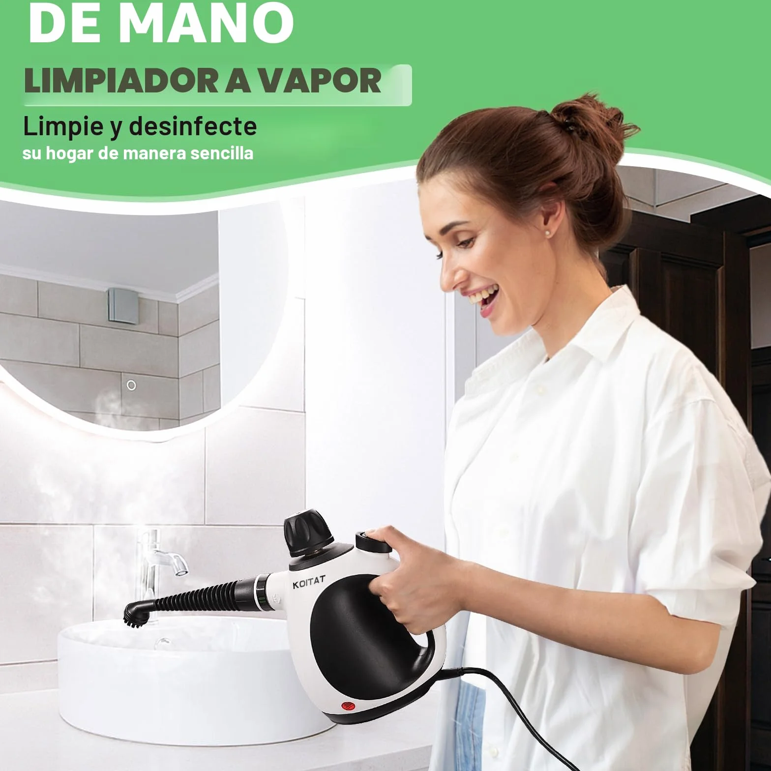 Limpiador de vapor portátil a presión con 10 accesorios, limpiador a vapor para muebles tapizados, con bloqueo de seguridad, para casa, coche, suelo (blanco profundo)