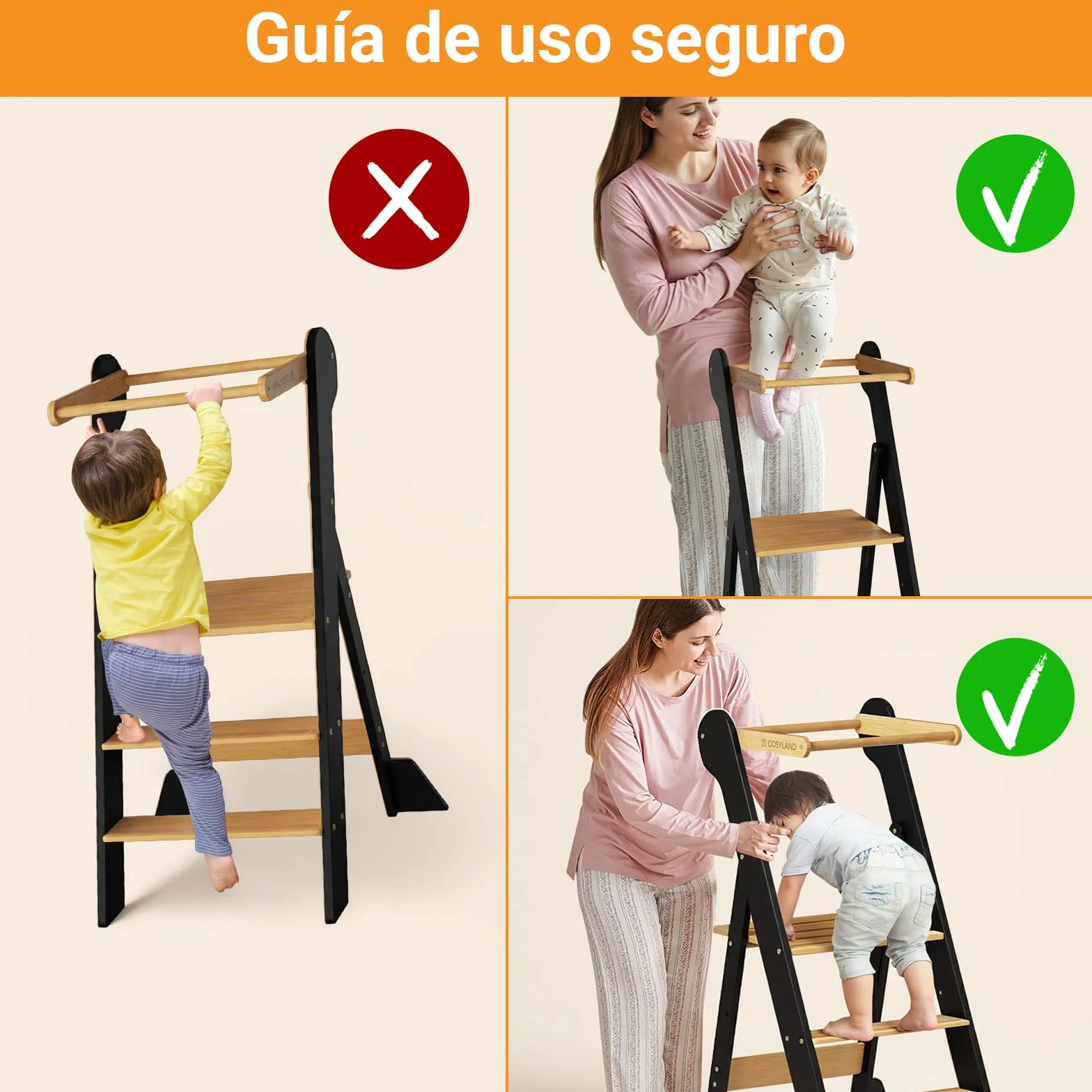 COSYLAND Torre de Aprendizaje Plegable 2 Alturas Ajustable para Niños 18 Meses a 6 Años Negro Natural