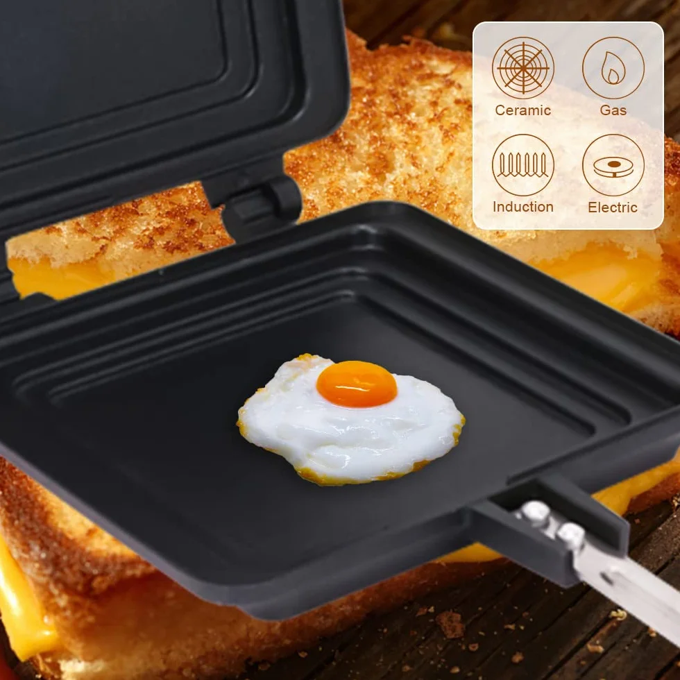 Sartén Antiadherente de Doble Cara, Sartén Multifunción Cuadrada de Cocina para Tortillas Sándwiches Tostadora de Desayuno para Acampar al aire libre, Sin PFOA