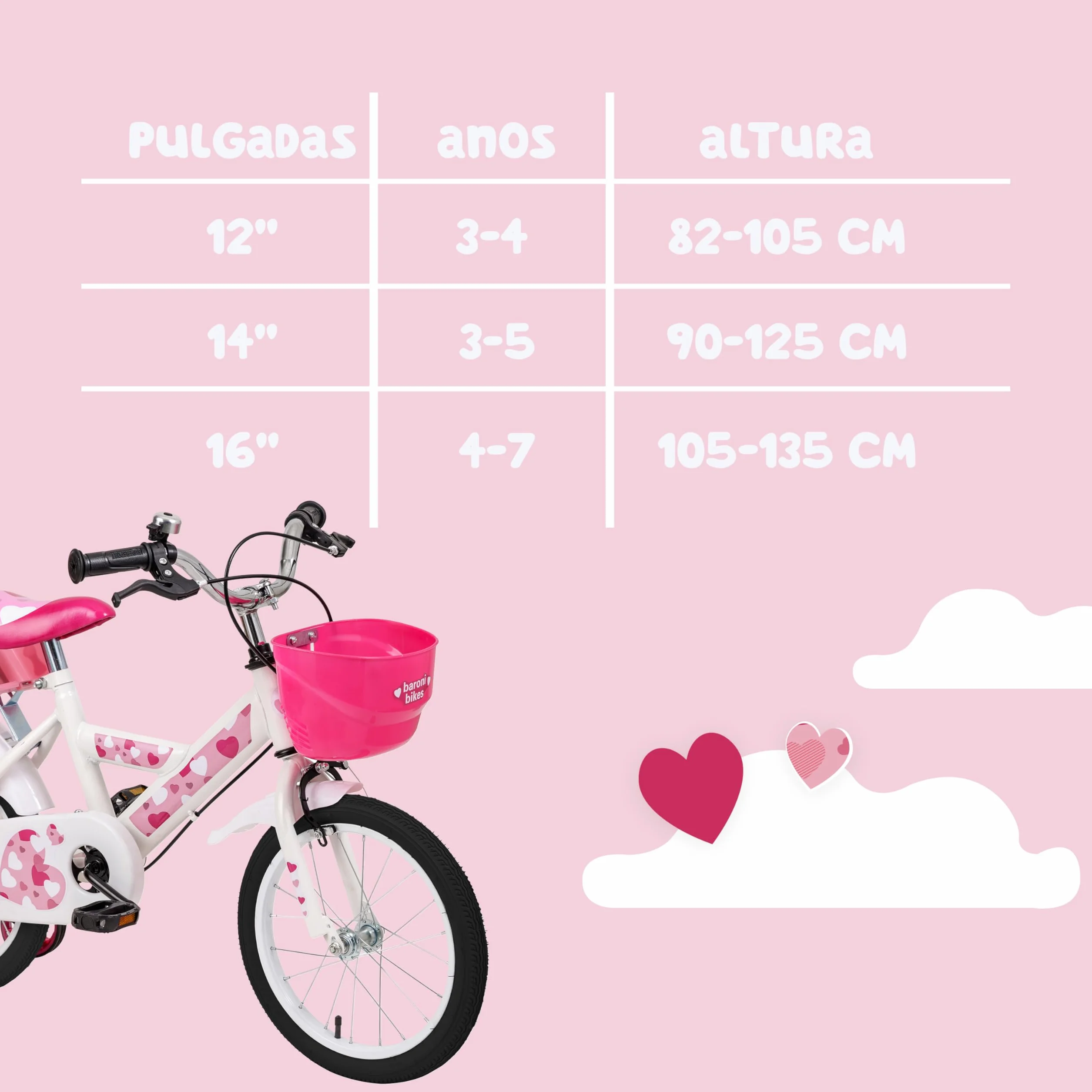 Baroni Toys Bicicleta de Niña, Rosa Corazones, Acero con Cesta, Portabicicletas, Ruedas, 12'' 14'' 16''