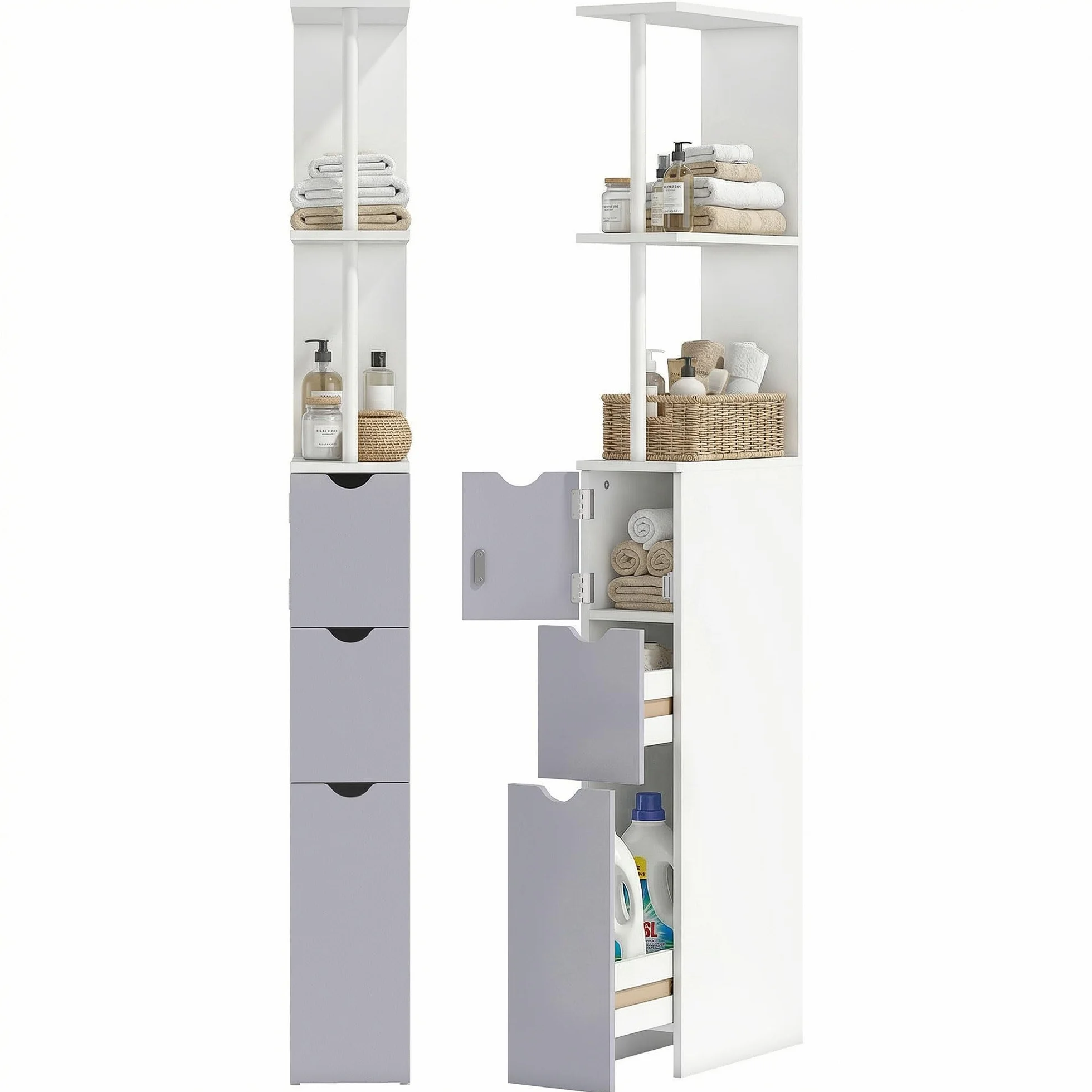 HOMCOM Columna Auxiliar de Baño Estrecha Moderna 15x33x136,8 cm Blanco | Armario Alto de Baño, Mueble Auxiliar, 2 Estantes, 2 Cajones, 1 Puerta, Antivuelco