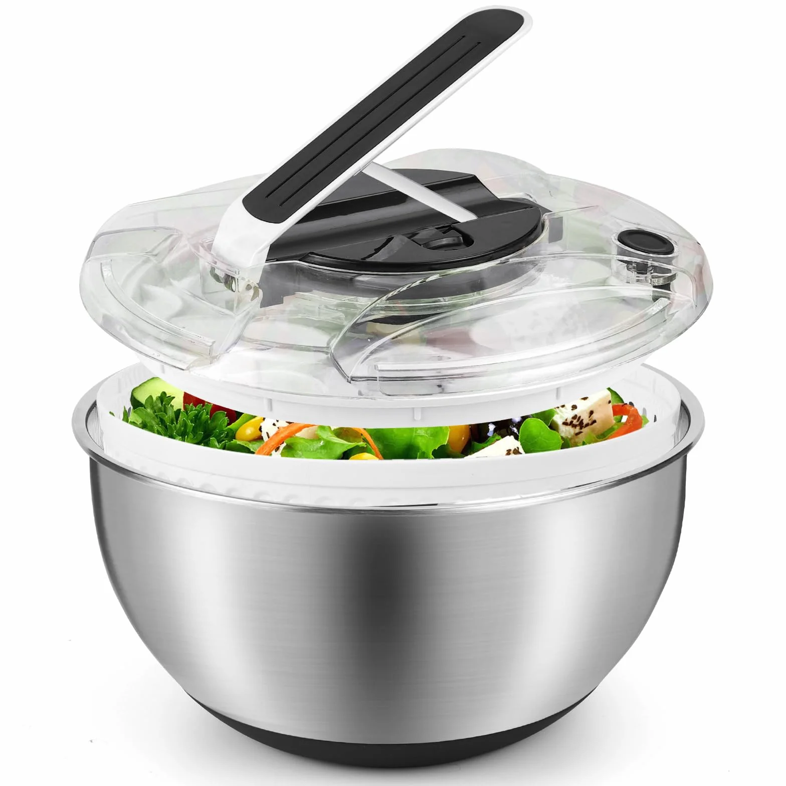 Centrifugadora Lechuga 4,5L de Acero Inoxidable Grande, Escurridor Lechuga Centrifuga con Tapa, Base Antideslizante, Escurridor Ensalada para Lavar y Escurrir Las Ensaladas