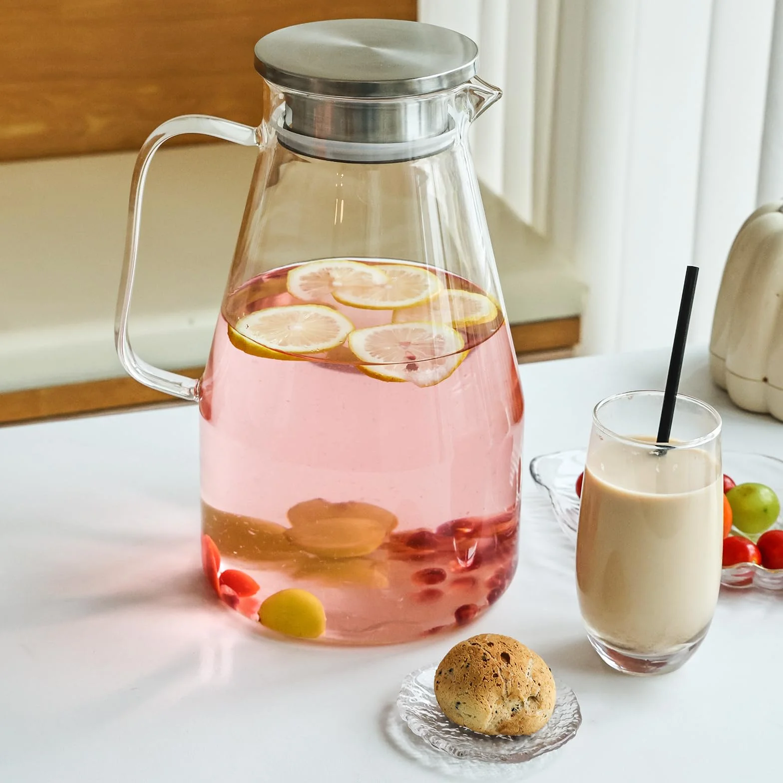 Jarra de vidrio con tapa, jarra de agua de vidrio de 1 galón, jarra de agua caliente/fría, jarra de jugo y té helado con tapa (boca extra ancha)
