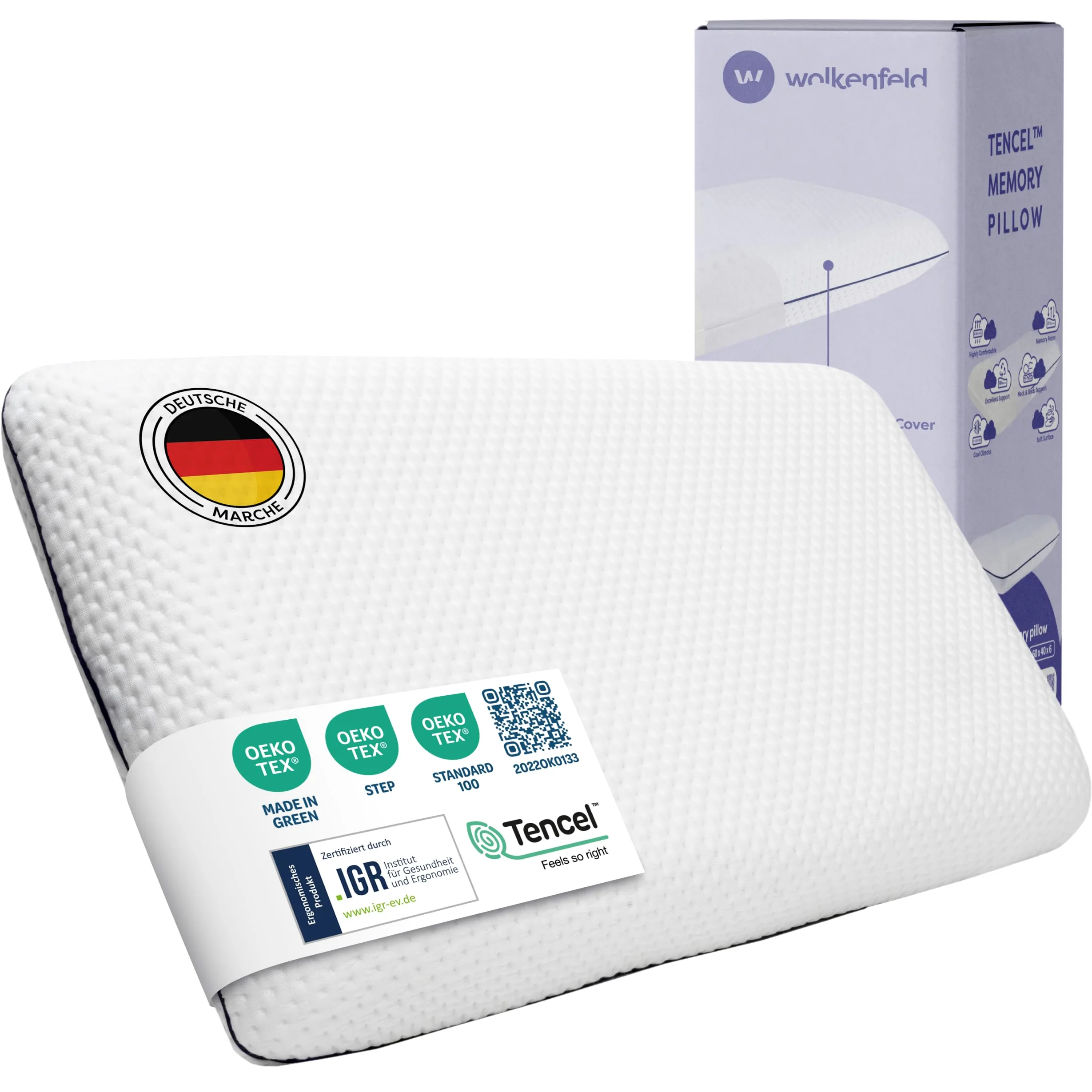 Wolkenfeld Almohada Viscoelastica Memory Foam 70x40x12 - Almohada Cervical Transpirable y Cómodo - Soporte Óptimo para Cuello, Espalda y Hombros - Fibra Tencel - Certificado Oeko-Tex