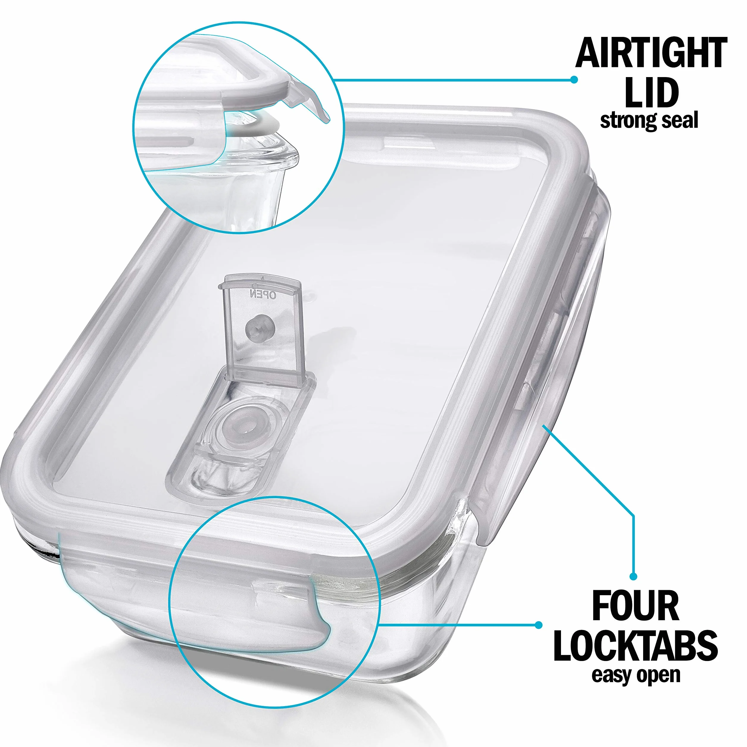 Igluu Meal Prep Recipientes de Cristal (Set de 5 y Tapa Extra) – 840ml | Rectángulo – Con Válvula de Ventilación, Sin BPA – Horno, Freidora de Aire, Microondas y Lavavajillas – Borosilicato