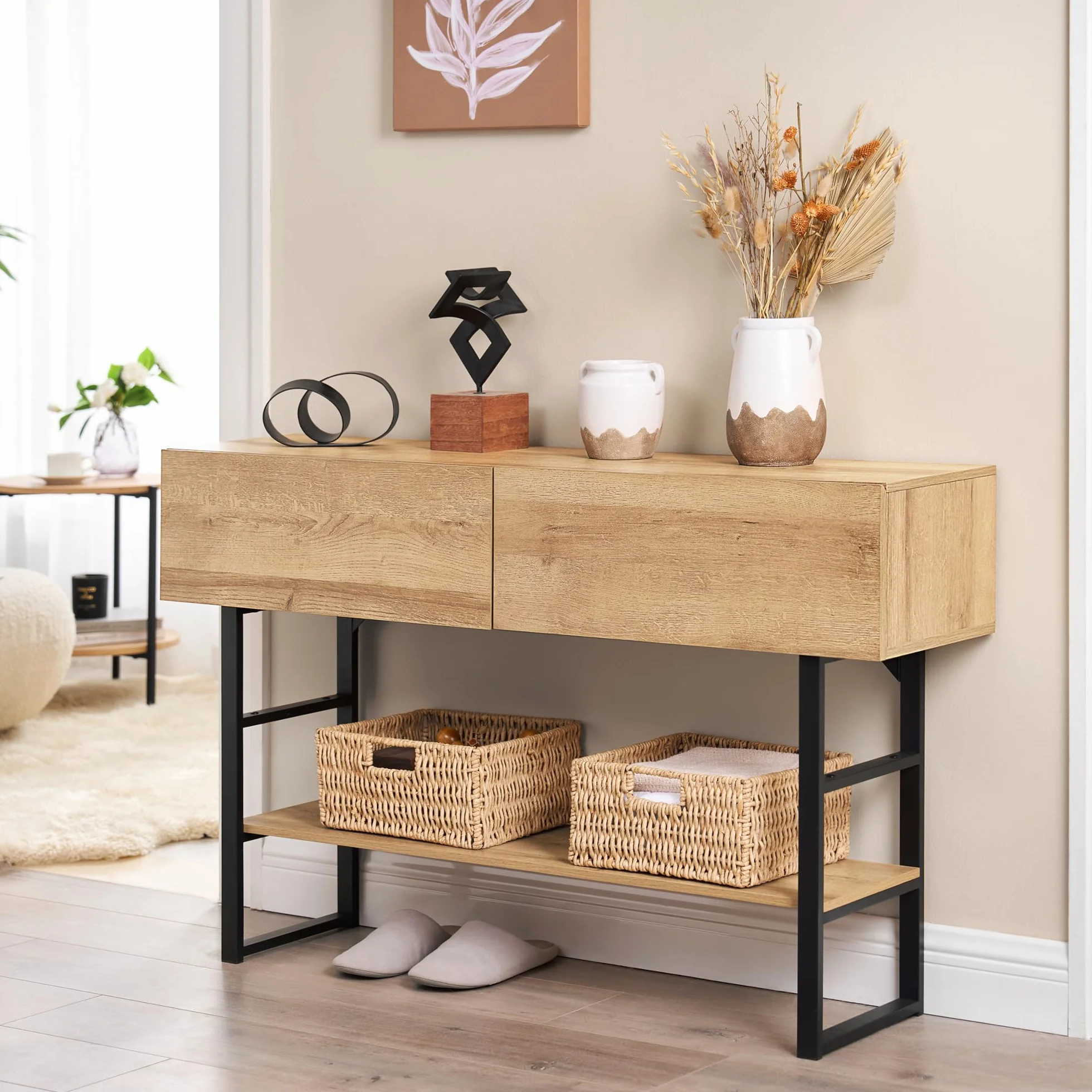 [en.casa] Mueble Recibidor Varberg Mesa Consola Mesa de Entrada con 2 Cajones y 1 Estante Regulable en Altura Metal Aglomerado 75 x 120 x 30 cm - Efecto Roble