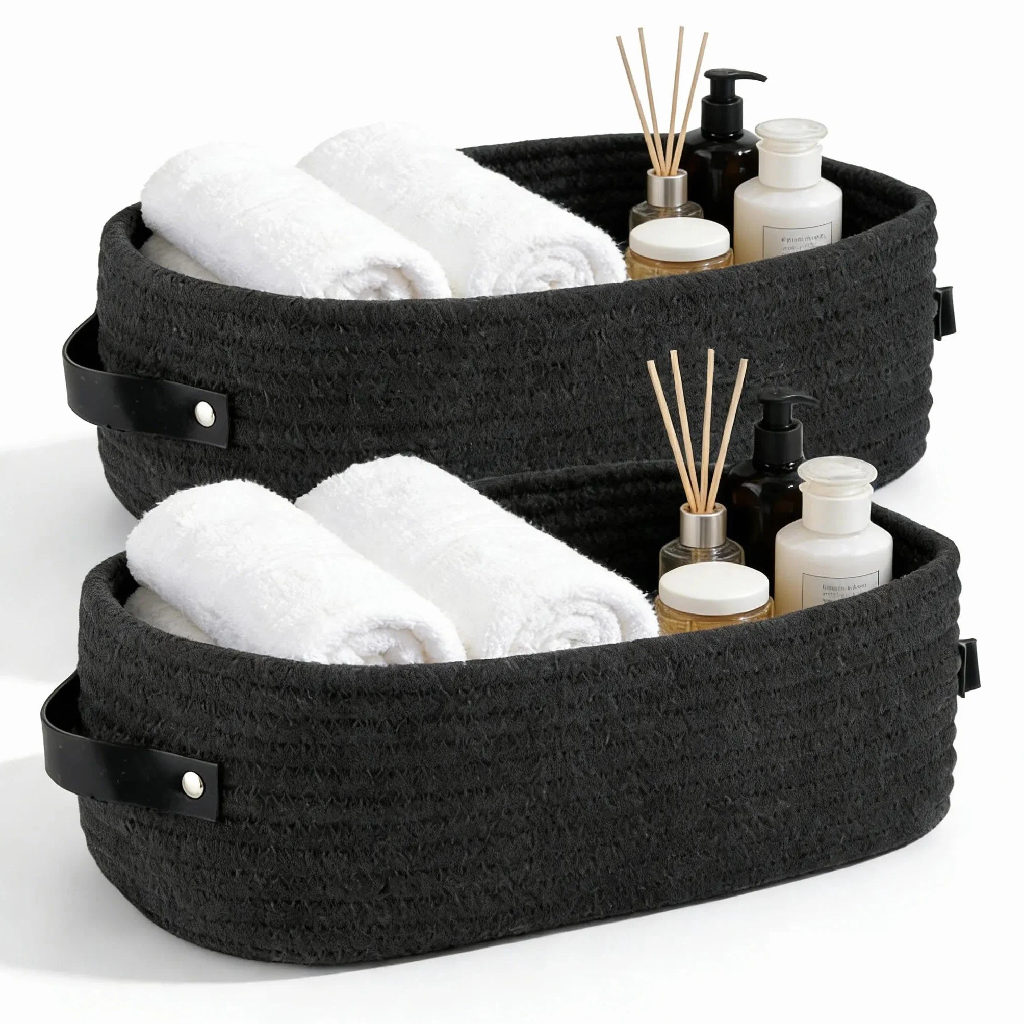 Cestas Almacenaje Baño Algodón 33x15x10 cm Negro Trenzada Organizadoras