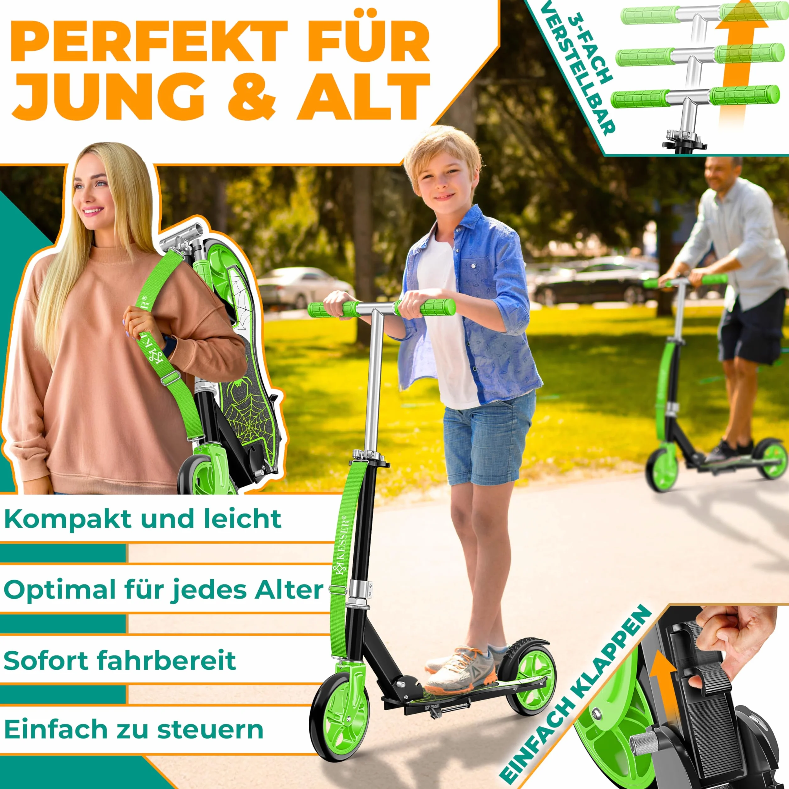 KESSER City Scooter Plegable para Niños, Patinete Regulable en Altura hasta 100 kg, Freno Trasero