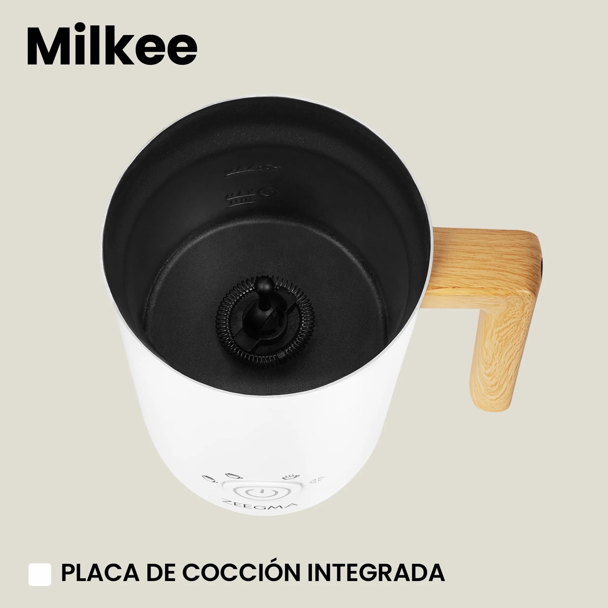 Zeegma Milkee - Espumador de Leche Eléctrico Milkee 650ml, Potencia de 500W, 4 Modos para Espumar y Calentar, Diseño Moderno con Mango de Madera, Fácil de Limpiar, Revestimiento Antiadherente - Blanco