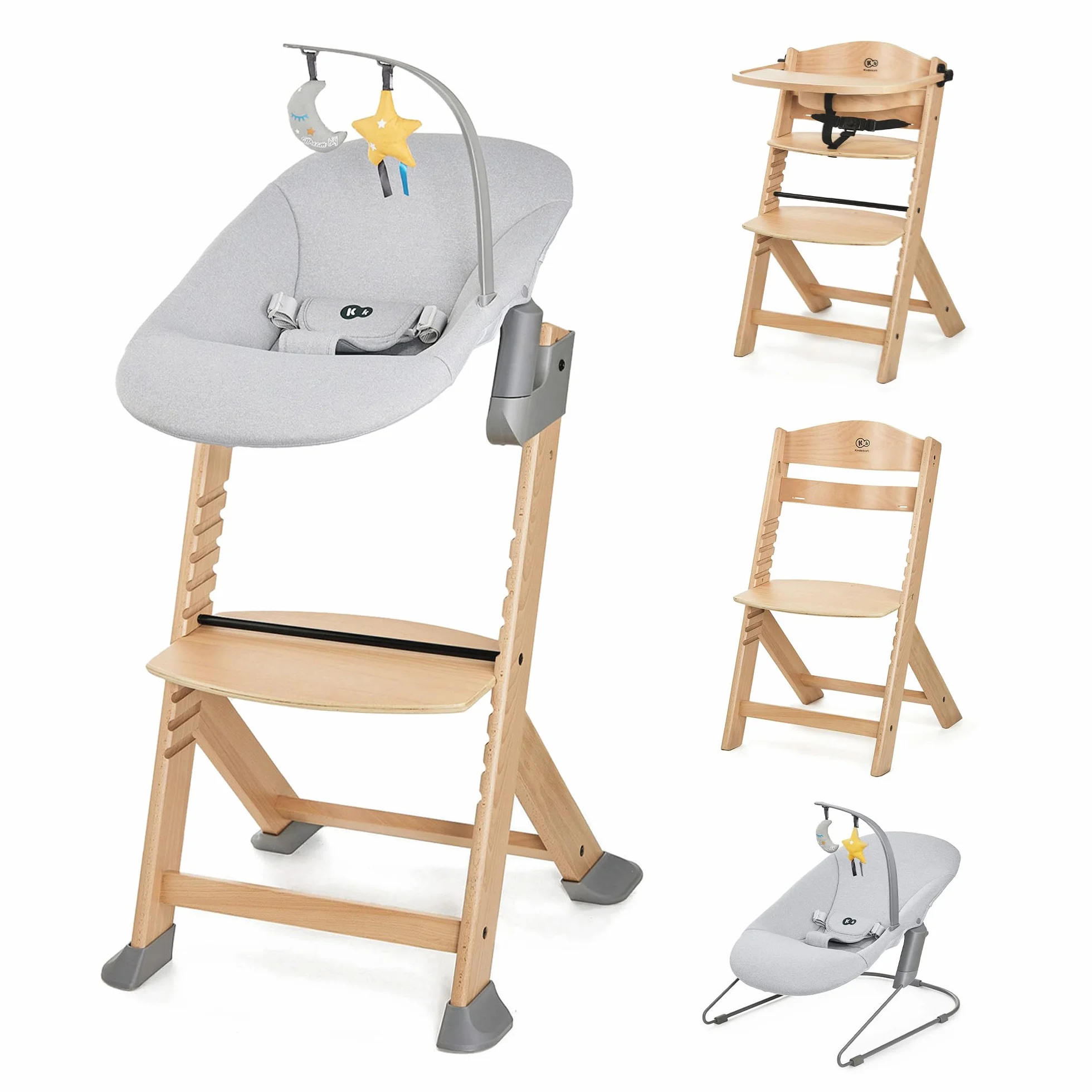 Kinderkraft ENOCK Trona bebé de Madera + Hamaca Bebé CALMEE, Silla alta Infantil Evolutiva Ergonómica, Gris