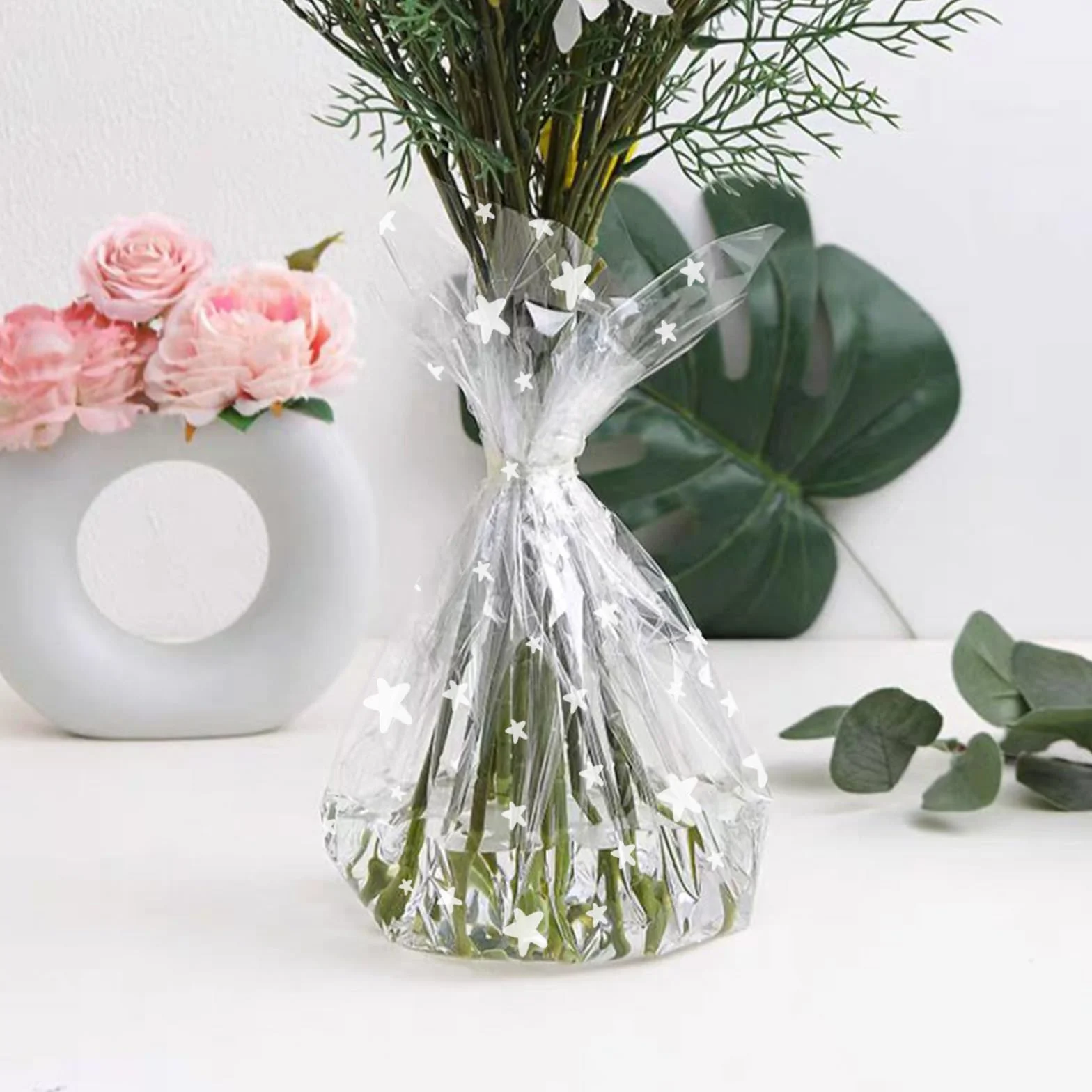 Rollo de embalaje de papel de vidrio plegable de doble capa de 20m × 84cm, Rollo de celofán transparente para envolver cestas, alimentos, regalos de cumpleaños, flores y manualidades (estrella)