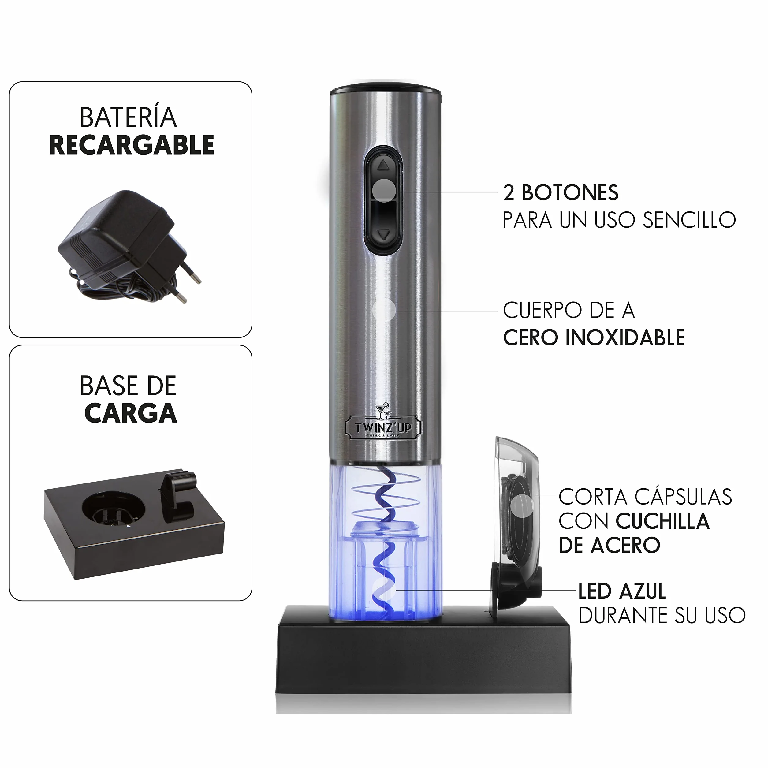 Twinz'up Sacacorchos Eléctrico Inalámbrico - Profesional Abridor de Vino Electrico Recargable (Base de Recarga) con Corta Cápsulas - Caja de Regalo