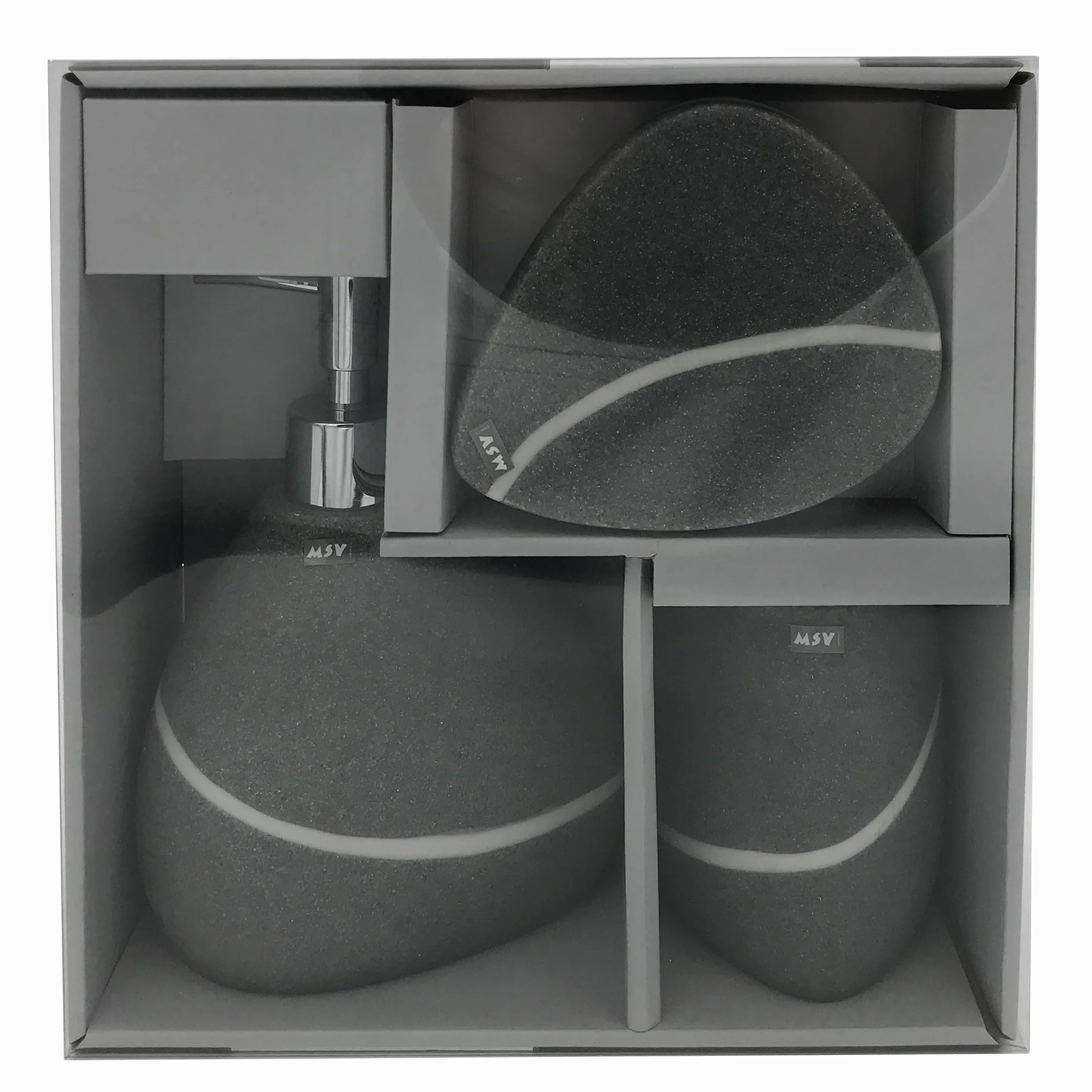 MSV Set de 3 Accesorios de baño de poliresina, dispensador de jabón, jabonera, Vaso para cepillos de Dientes, Gris Piedra Zen