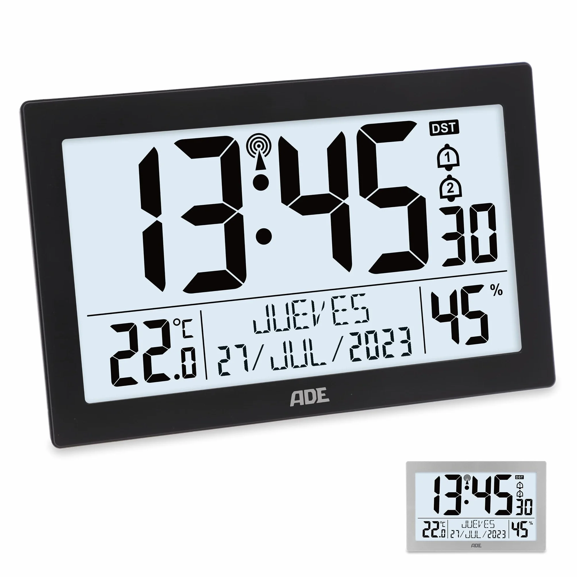 ADE Reloj meteorológico | Reloj Digital de Pared Grande | Despertador Inteligente con Temperatura y Humedad | Cocina, Salon, Dormitorio | radiocontrolado | con luz | para Mayores | con Pilas | Negro
