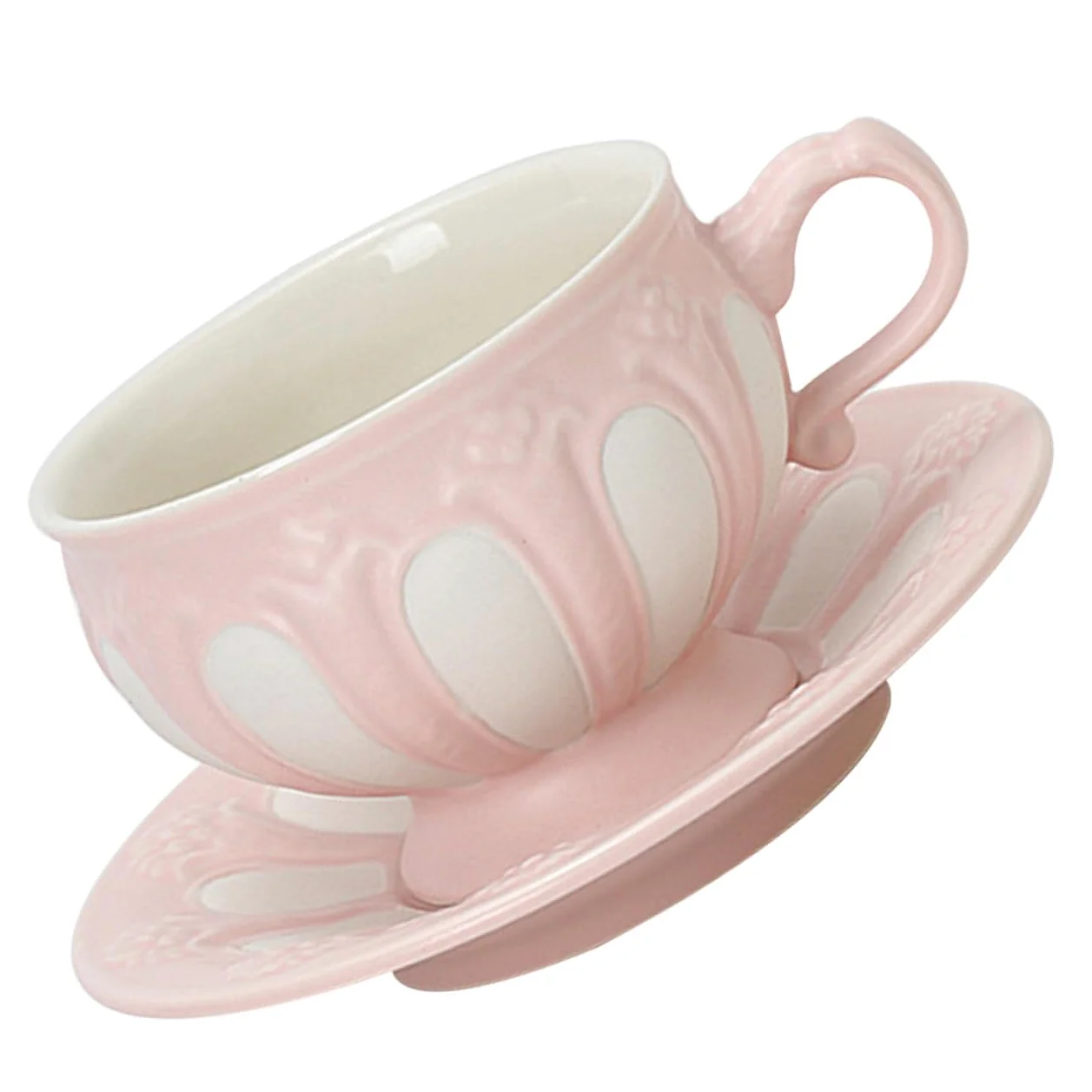 Juego de Tazas de Café Mango Ergonómico de Cerámica Diseño Europeo en Relieve y Color Rosa, Adecuado Hogar o Cafetería