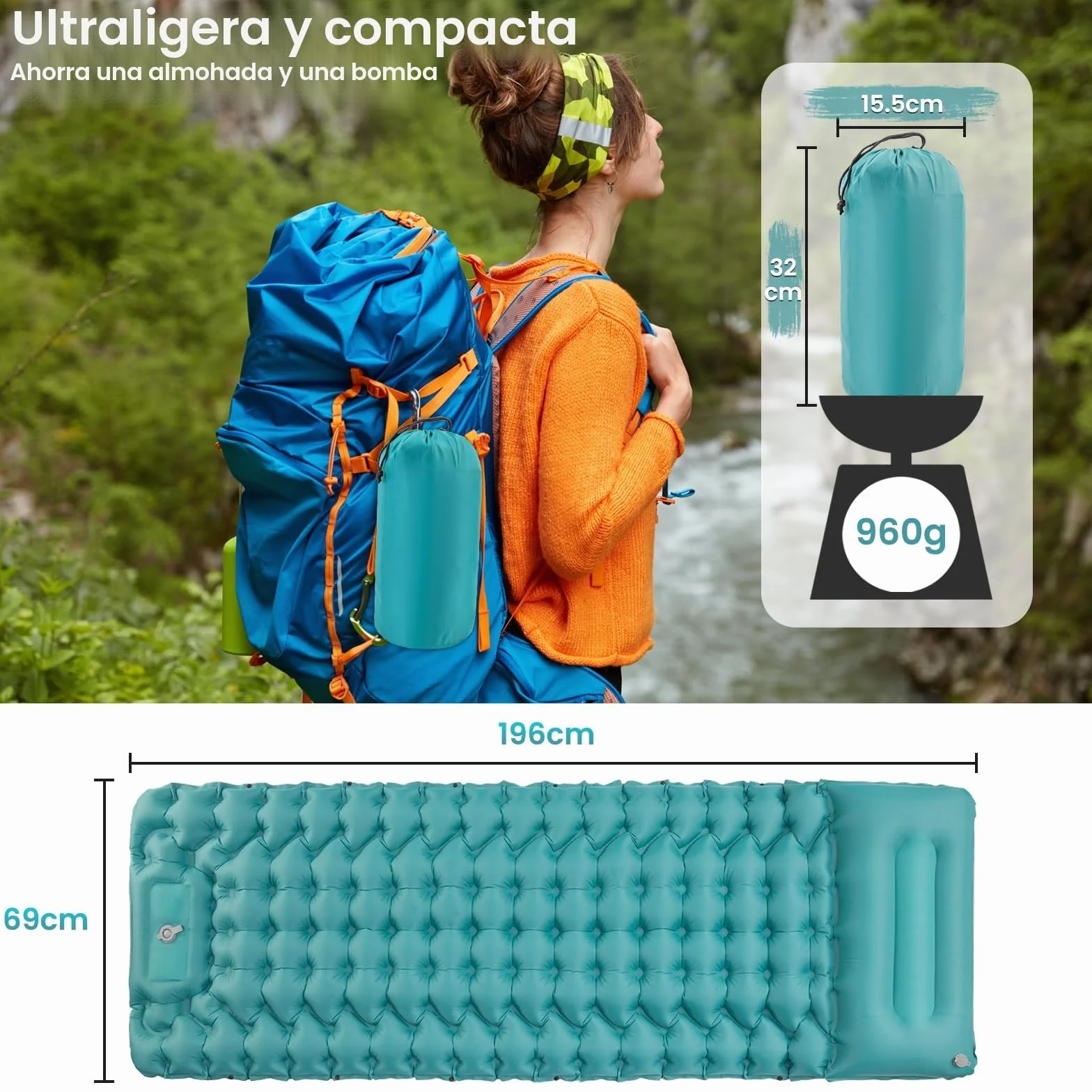 Satisfure Colchón Autoinflable de Camping Ultraligero con Bomba de Prensa y Cojín